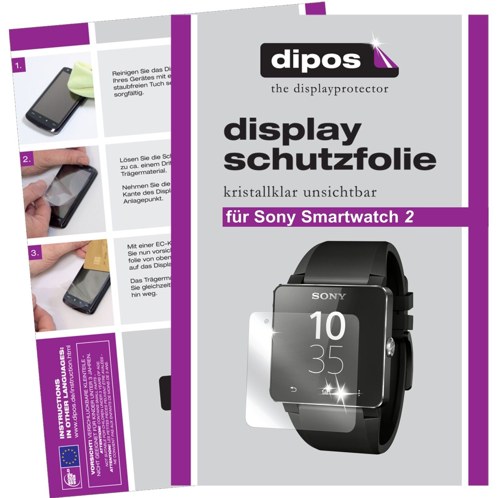 Klare Displayschutzfolie von dipos passend für Smartwatch 2 Sony, präziser Zuschnitt und blasenfrei montiert