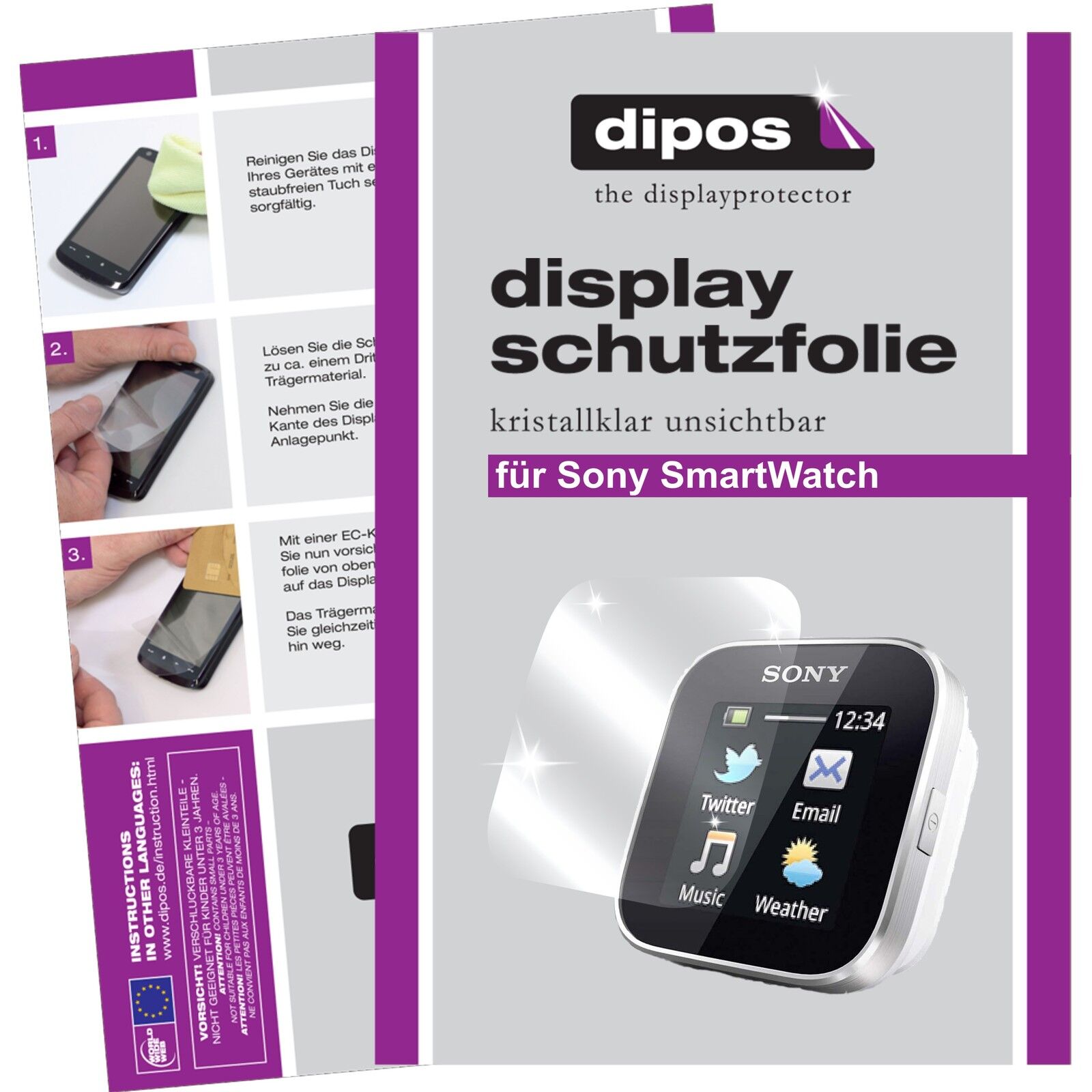 Klare Displayschutzfolie von dipos passend für SmartWatch Sony, präziser Zuschnitt und blasenfrei montiert