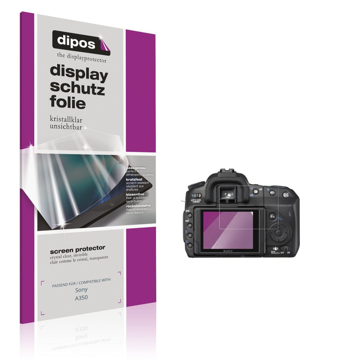 Klare Displayschutzfolie von dipos passend für Sony A350, präziser Zuschnitt und blasenfrei montiert