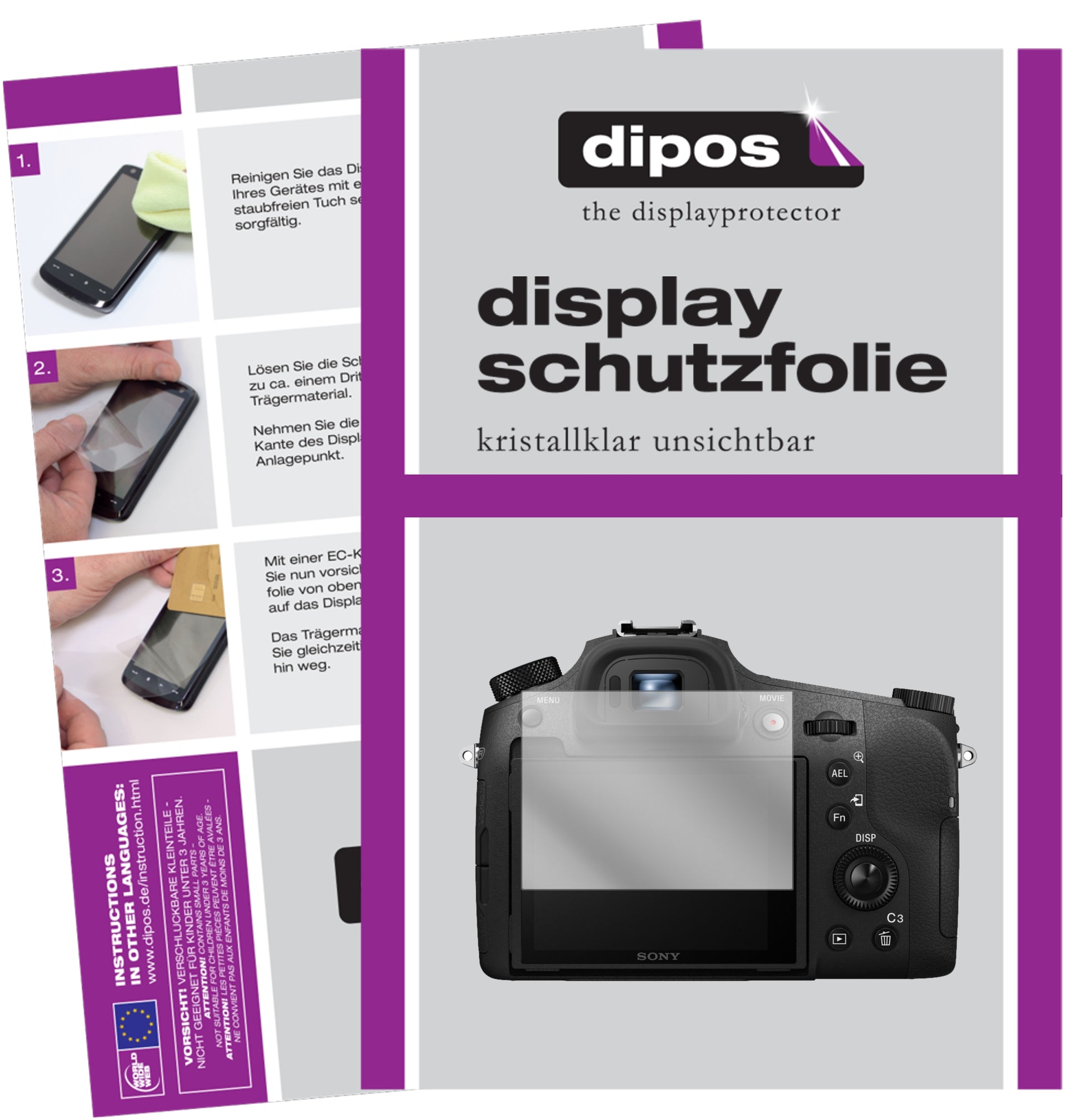 Klare Displayschutzfolie von dipos passend für Sony Cyber-Shot DSC-RX10, präziser Zuschnitt und blasenfrei montiert
