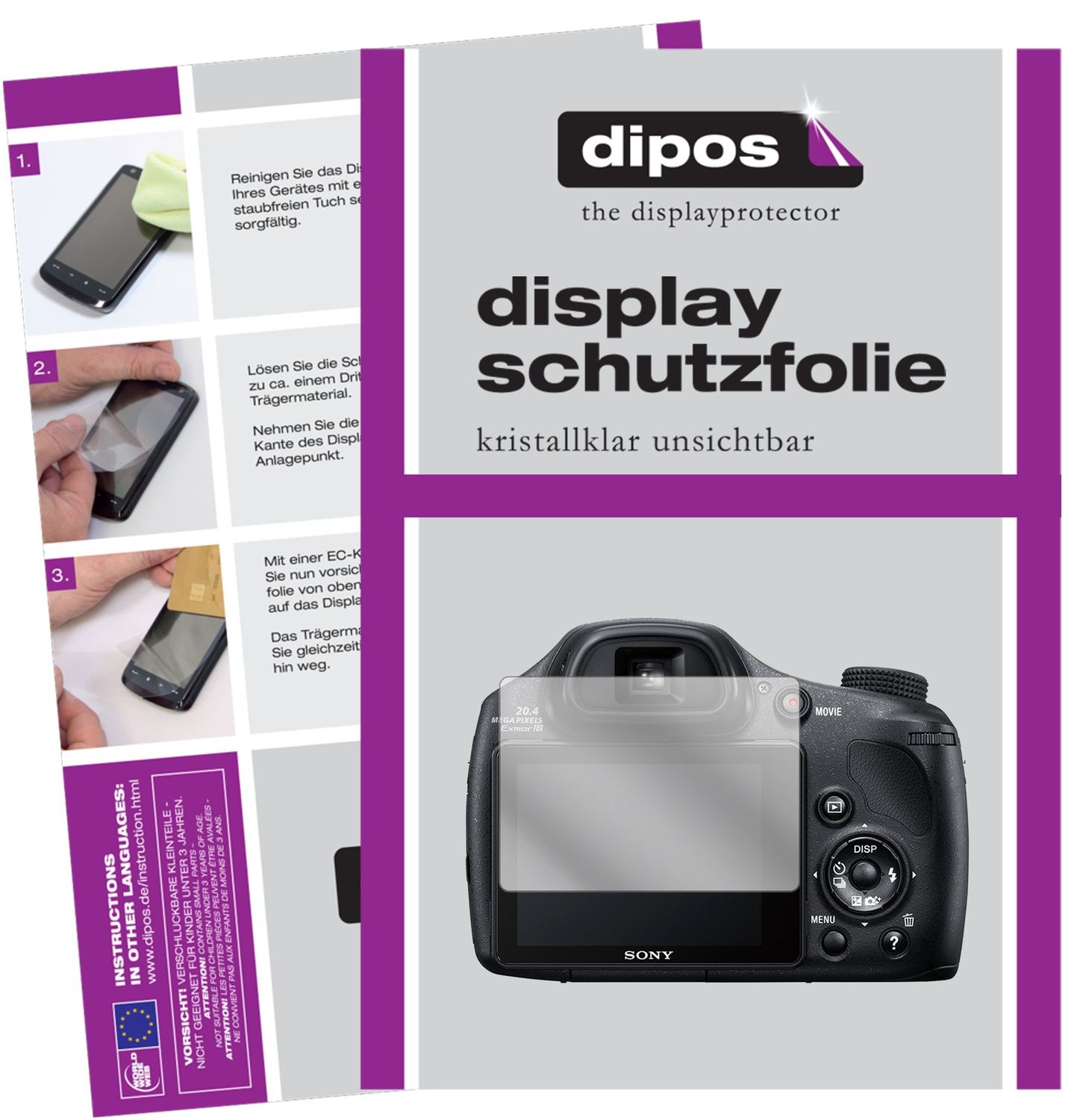 Klare Displayschutzfolie von dipos passend für Sony DSC-HX350B, präziser Zuschnitt und blasenfrei montiert