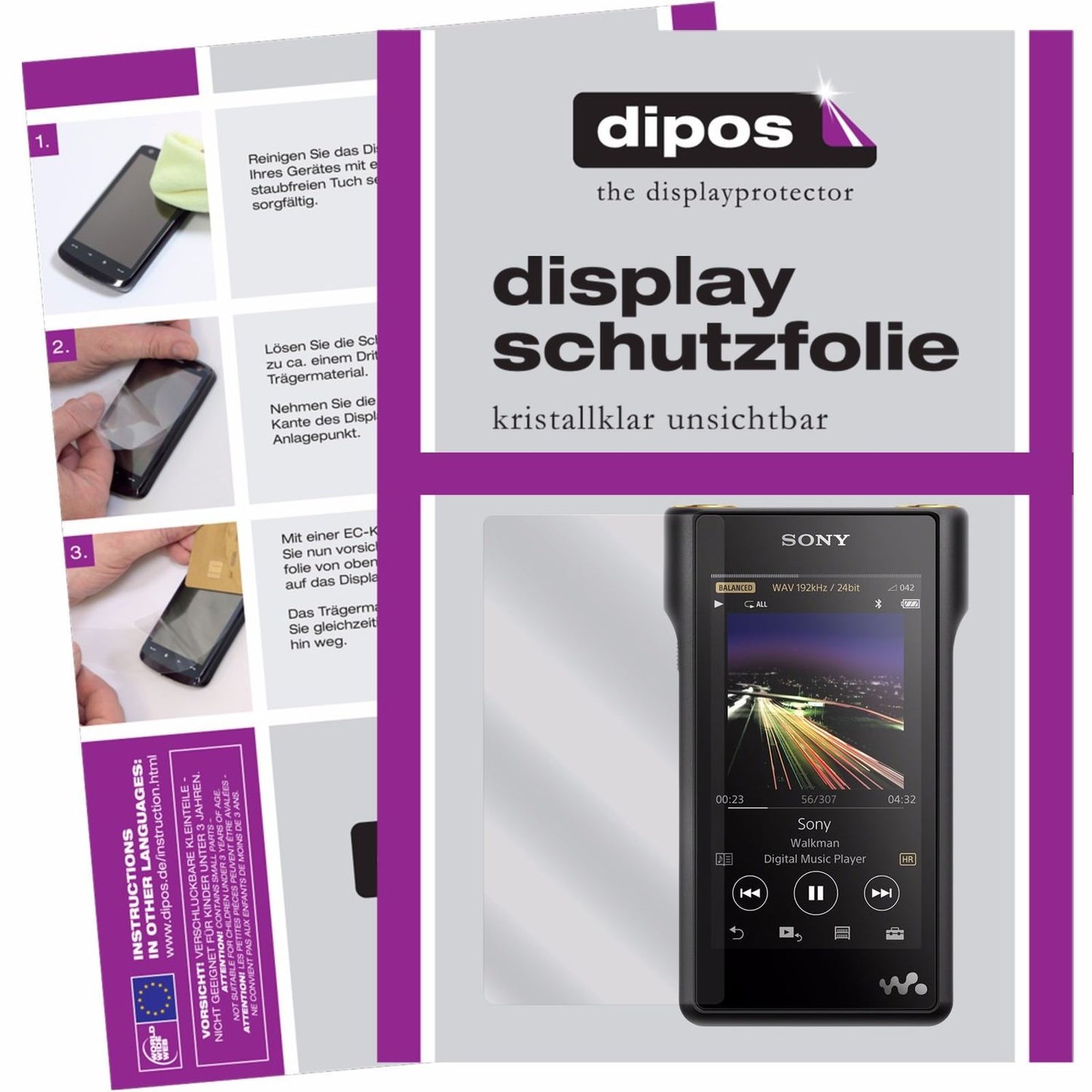 Klare Displayschutzfolie von dipos passend für Sony NW-WM1A (MP3-Player), präziser Zuschnitt und blasenfrei montiert