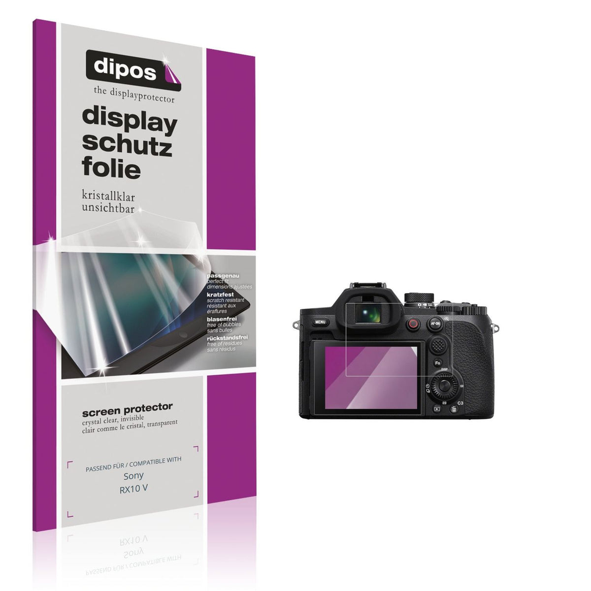 Klare Displayschutzfolie von dipos passend für Sony RX10 V, präziser Zuschnitt und blasenfrei montiert