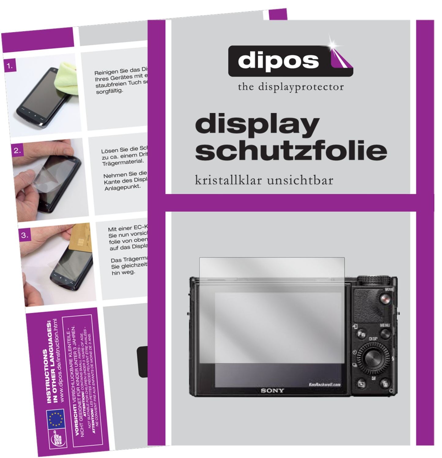 Klare Displayschutzfolie von dipos passend für Sony RX100 VII, präziser Zuschnitt und blasenfrei montiert