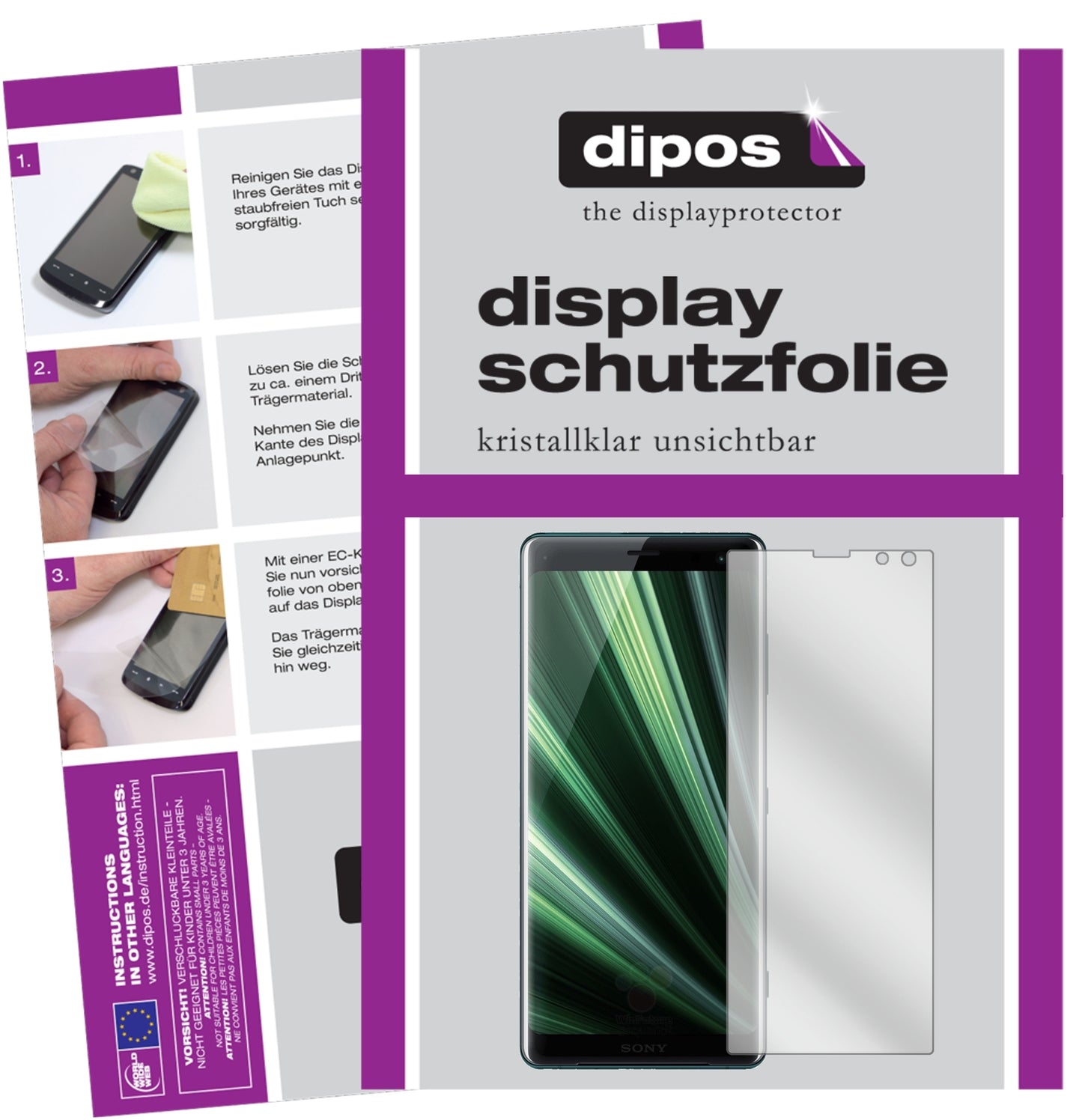 Klare Displayschutzfolie von dipos passend für Sony Xperia XZ3, präziser Zuschnitt und blasenfrei montiert