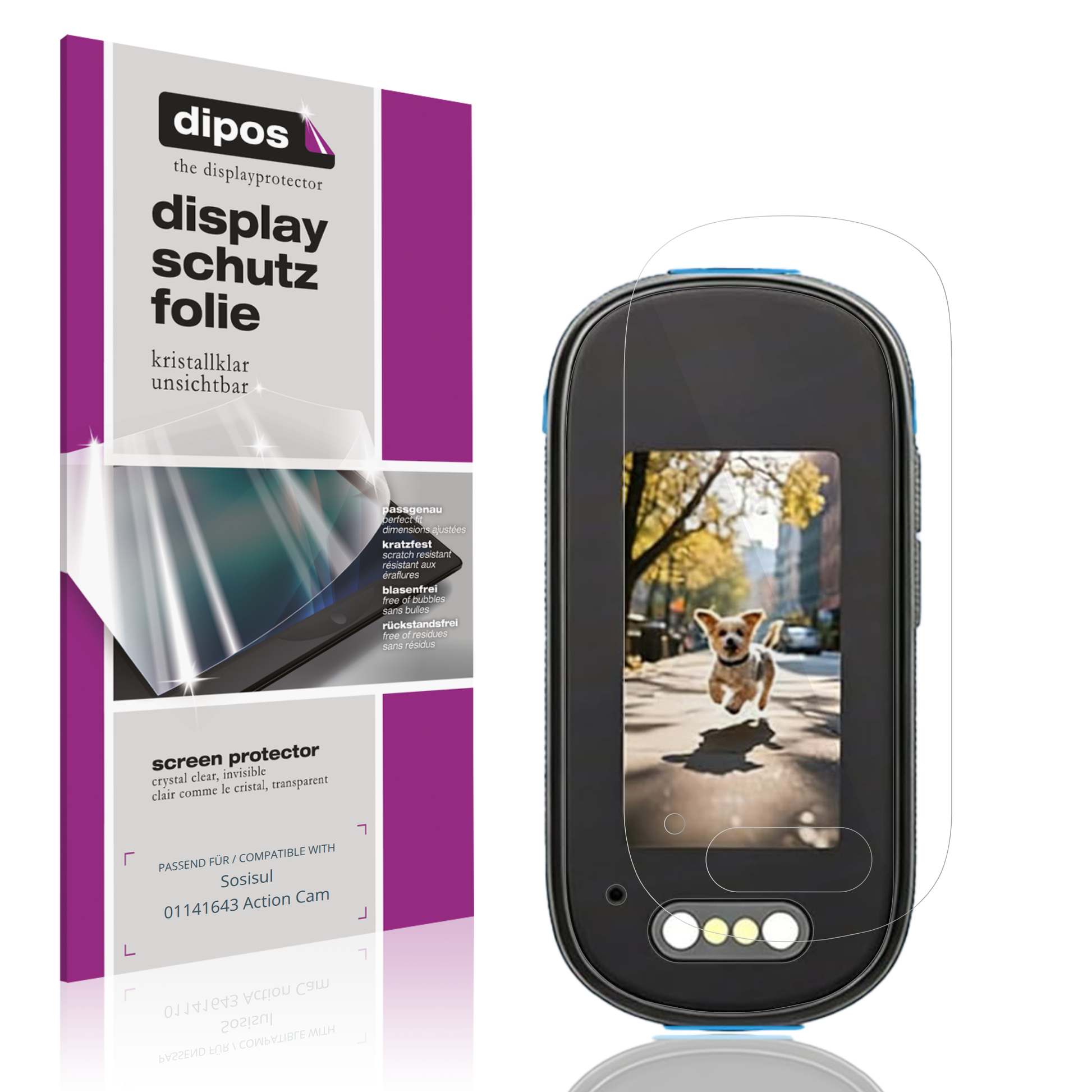 Klare Displayschutzfolie von dipos passend für Sosisul 01141643 Action Cam, präziser Zuschnitt und blasenfrei montiert