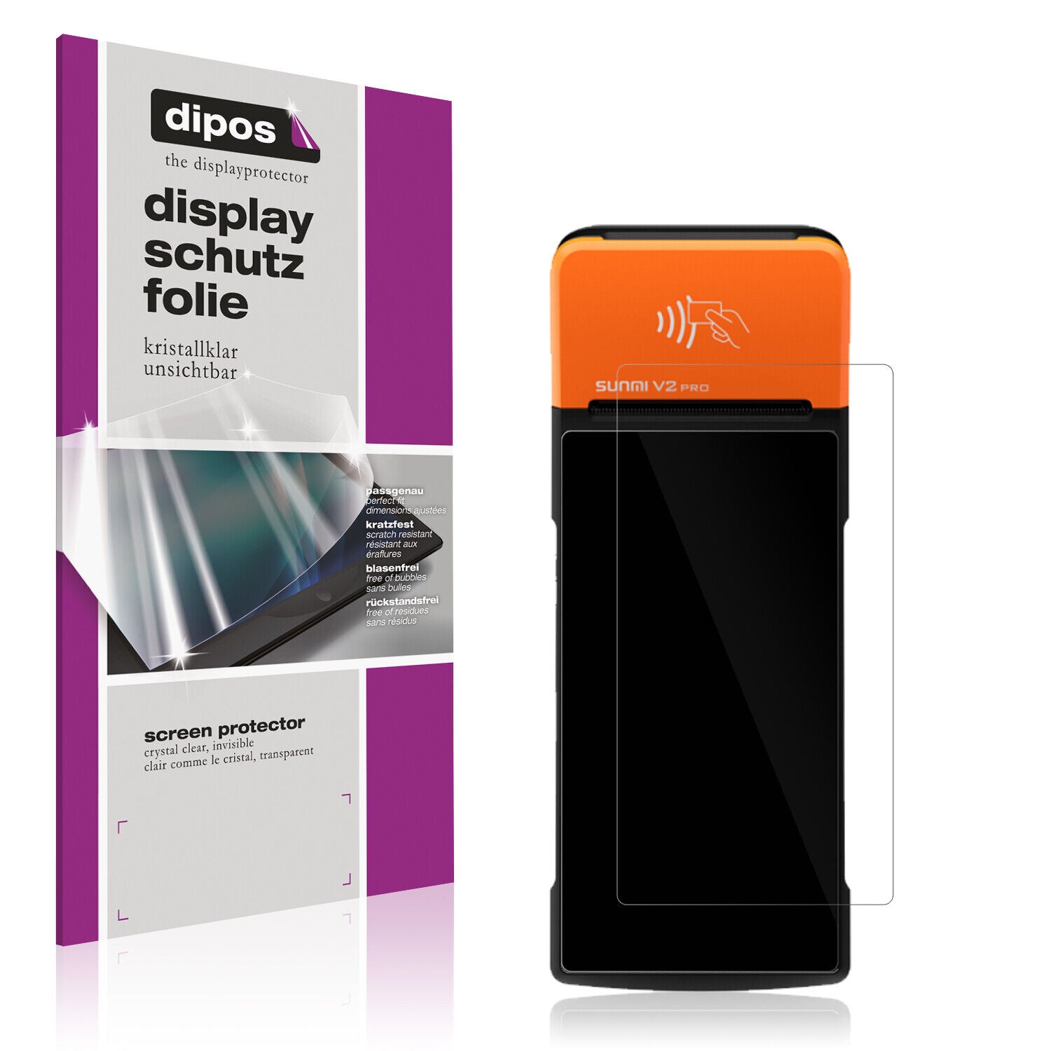 Klare Displayschutzfolie von dipos passend für Sunmi V2 Pro, präziser Zuschnitt und blasenfrei montiert