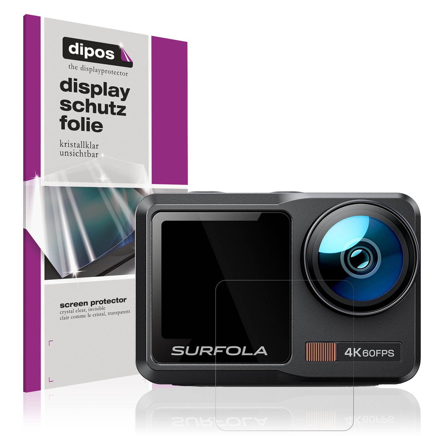 Klare Displayschutzfolie von dipos passend für Surfola SF630 Action Cam, präziser Zuschnitt und blasenfrei montiert