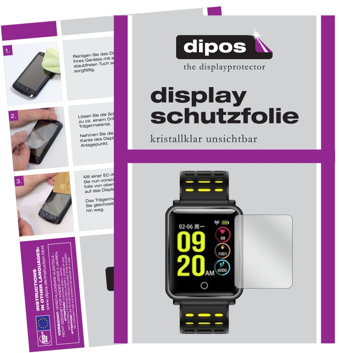 Klare Displayschutzfolie von dipos passend für TagoBee TB06 Smartwatch, präziser Zuschnitt und blasenfrei montiert