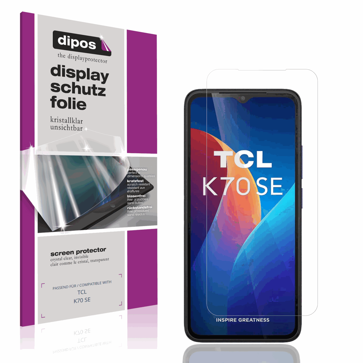Klare Displayschutzfolie von dipos passend für TCL K70 SE, präziser Zuschnitt und blasenfrei montiert