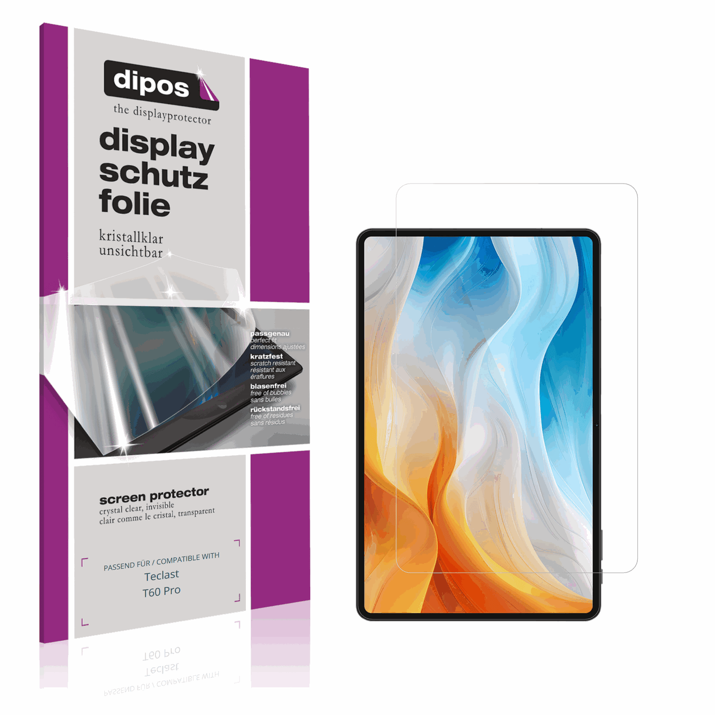 Klare Displayschutzfolie von dipos passend f�r Teclast T60 Pro, pr�ziser Zuschnitt und blasenfrei montiert