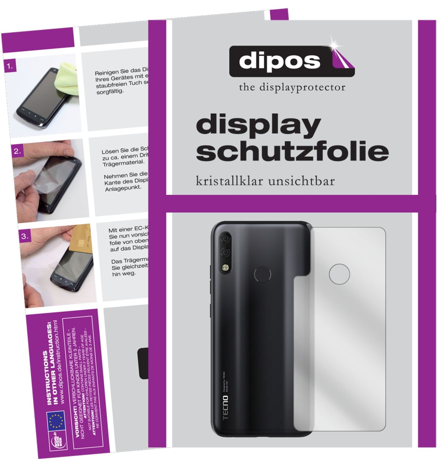 Klare Displayschutzfolie von dipos passend für Tecno Camon 11 Pro Rückseite, präziser Zuschnitt und blasenfrei montiert