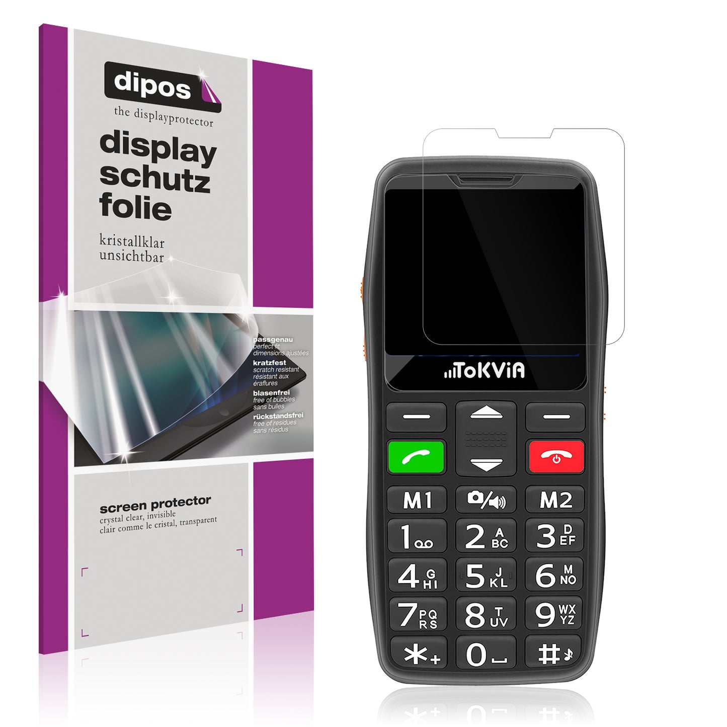 Klare Displayschutzfolie von dipos passend für Tokvia Seniorenhandy, präziser Zuschnitt und blasenfrei montiert