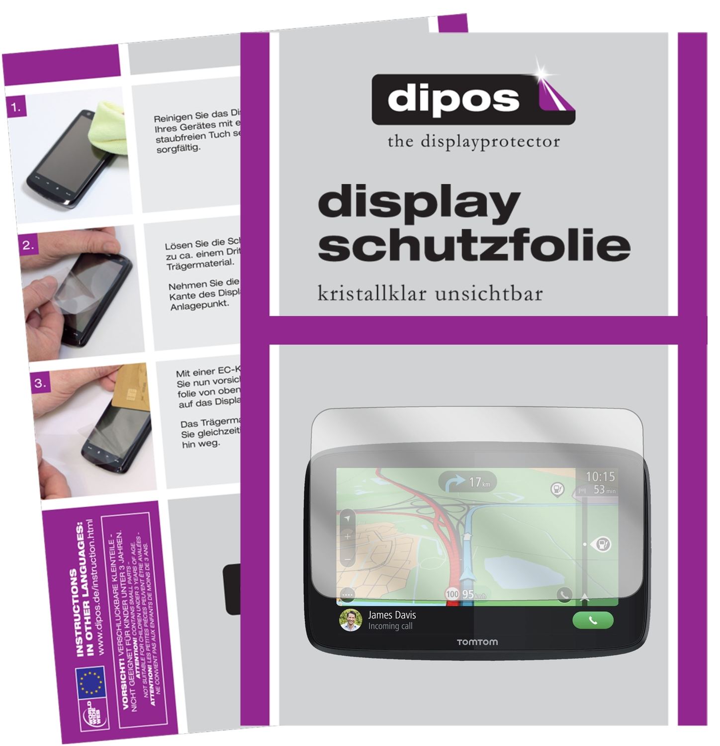 Klare Displayschutzfolie von dipos passend für TomTom GO Essential 6, präziser Zuschnitt und blasenfrei montiert