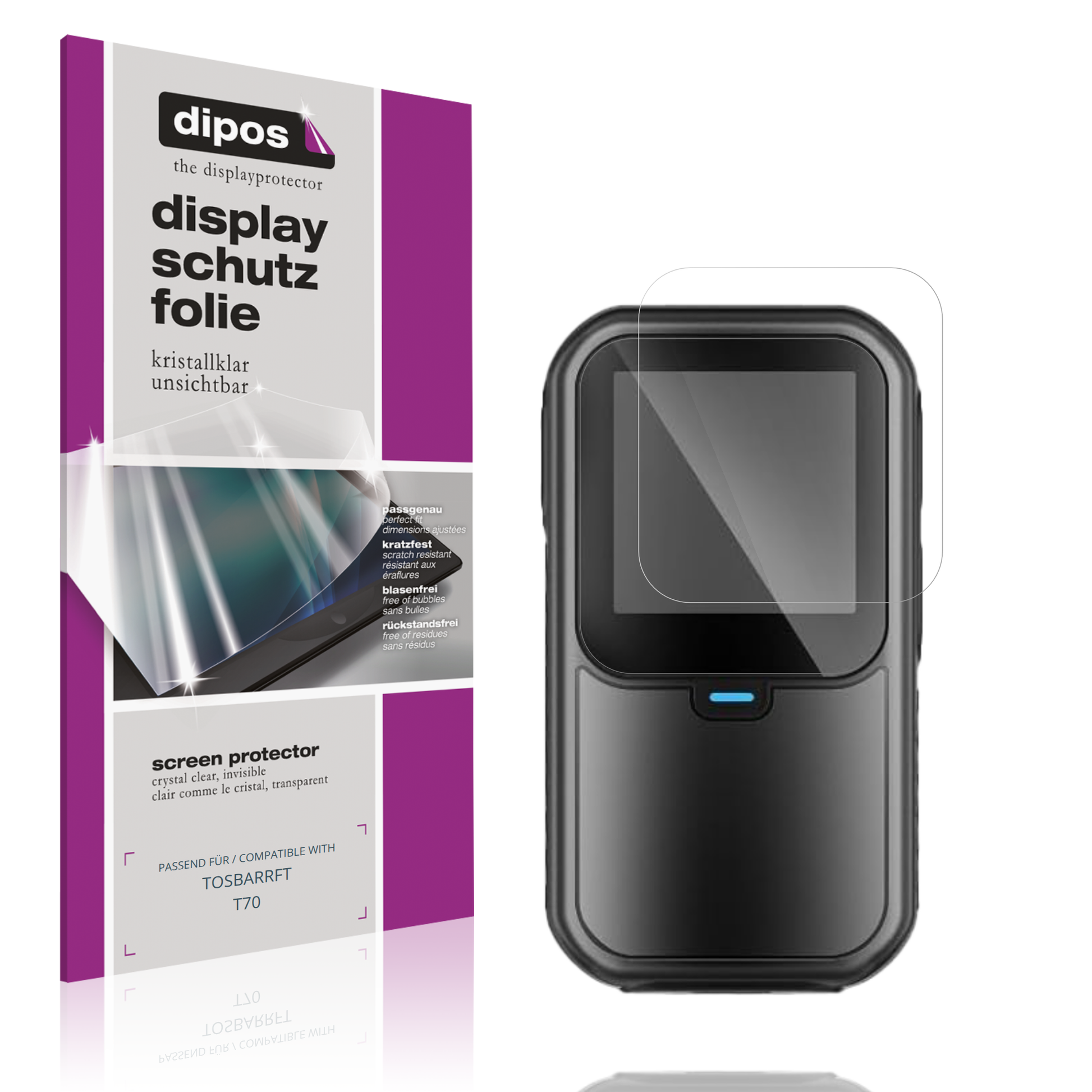 Klare Displayschutzfolie von dipos passend für TOSBARRFT T70, präziser Zuschnitt und blasenfrei montiert