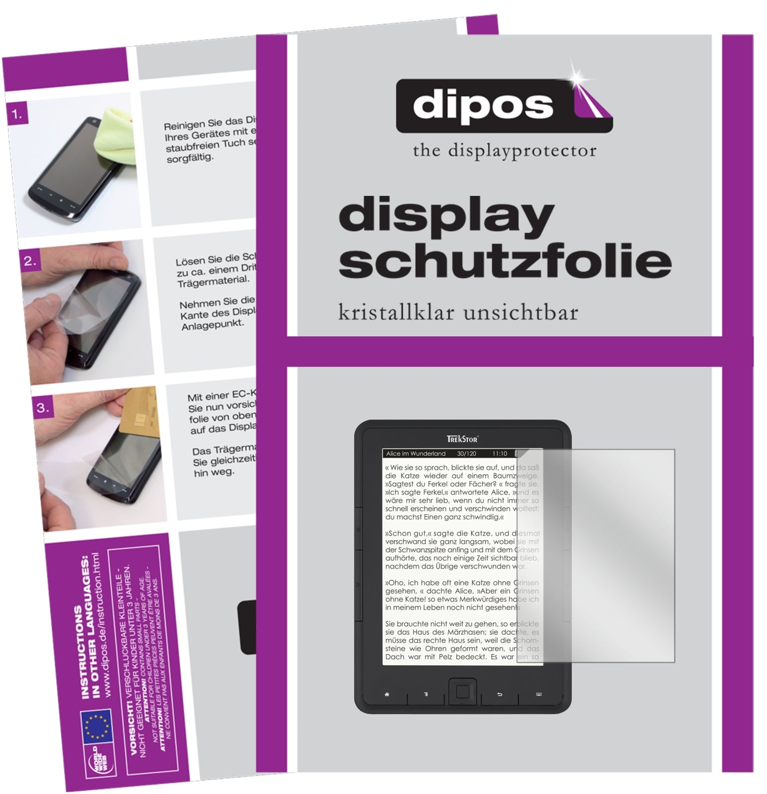Klare Displayschutzfolie von dipos passend für TrekStor eBook Reader Pyrus, präziser Zuschnitt und blasenfrei montiert