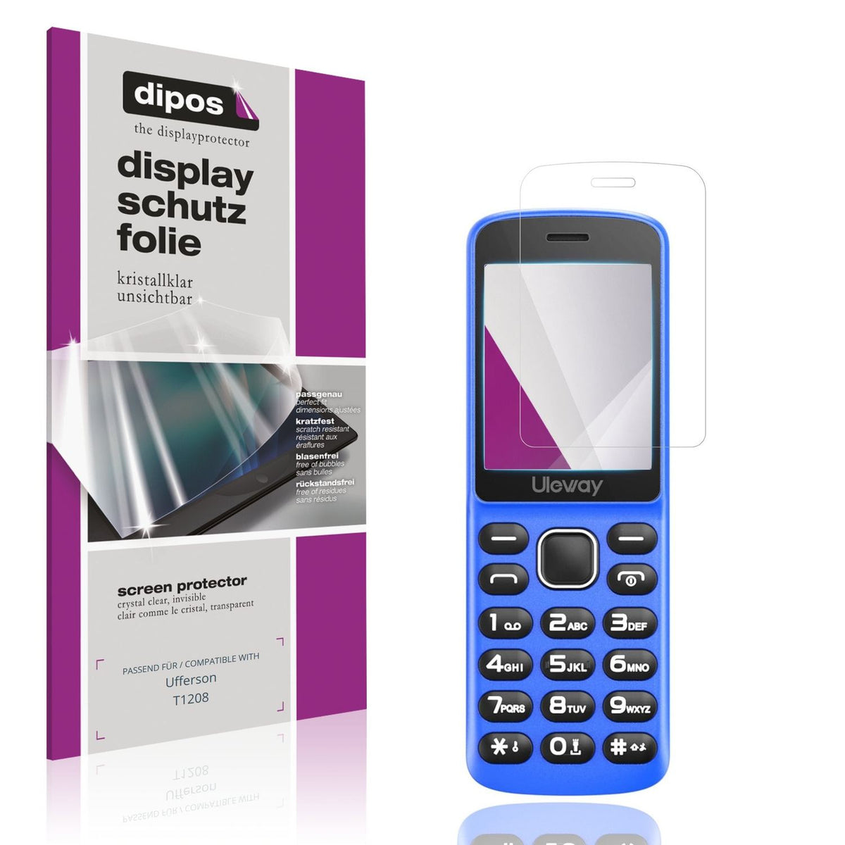 Klare Displayschutzfolie von dipos passend für Ufferson T1208, präziser Zuschnitt und blasenfrei montiert