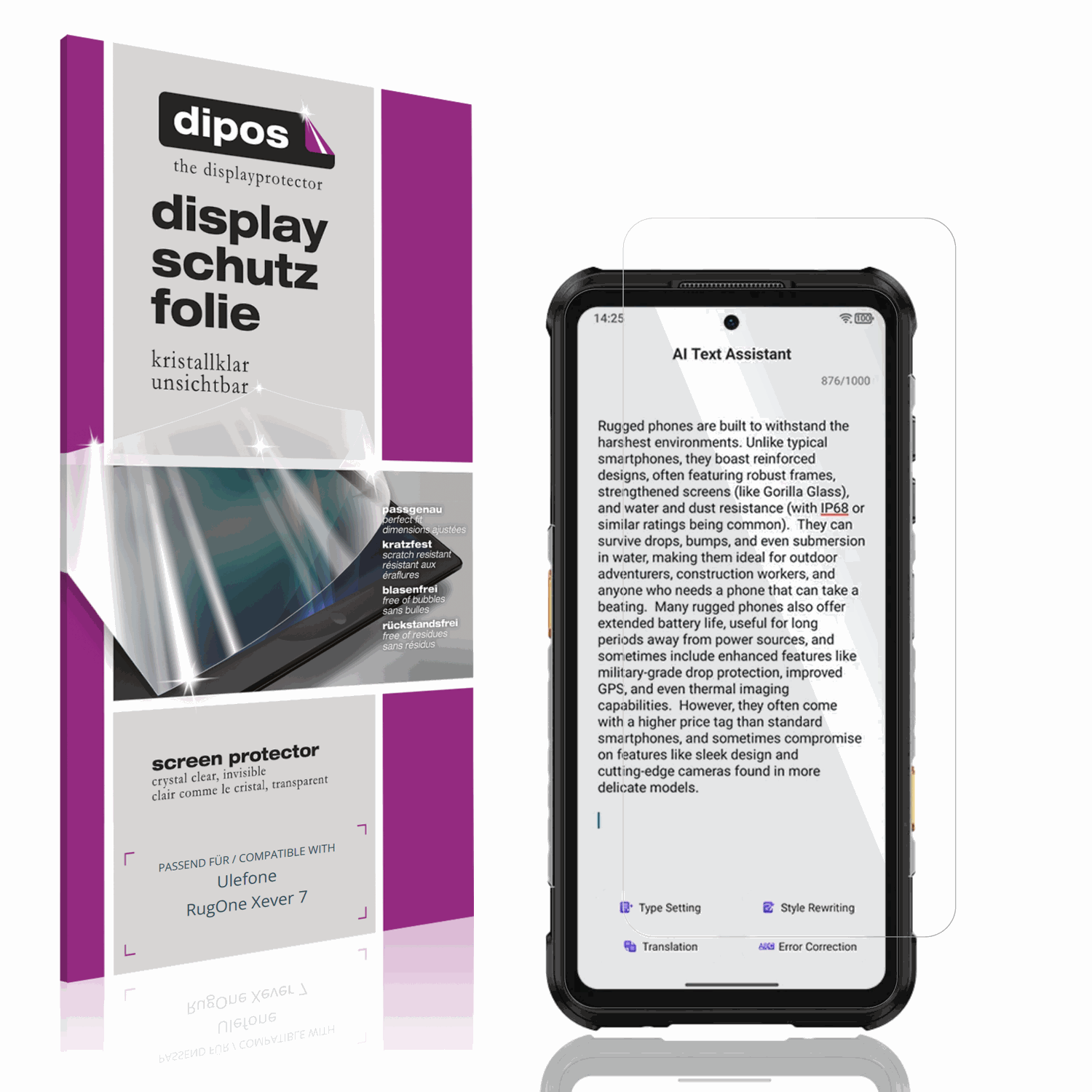 Klare Displayschutzfolie von dipos passend für Ulefone RugOne Xever 7, präziser Zuschnitt und blasenfrei montiert