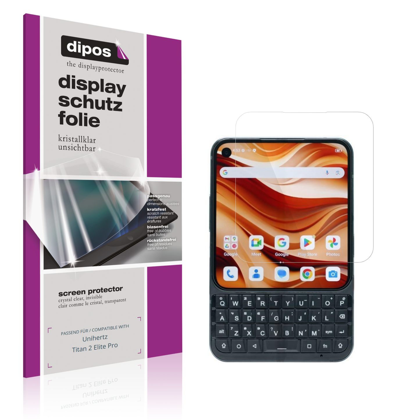 Klare Displayschutzfolie von dipos passend für Unihertz Titan 2 Elite Pro, präziser Zuschnitt und blasenfrei montiert