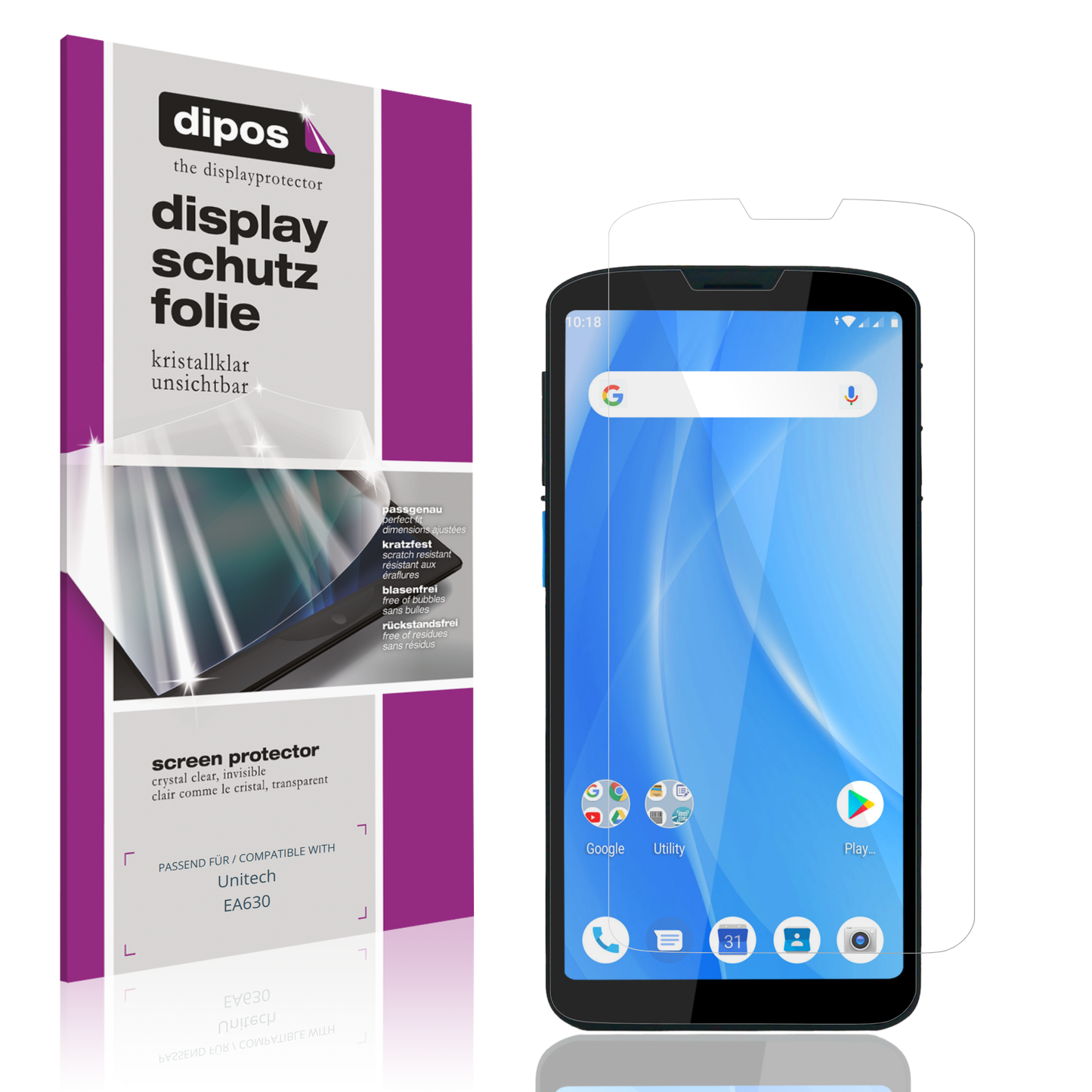 Klare Displayschutzfolie von dipos passend für Unitech EA630, präziser Zuschnitt und blasenfrei montiert