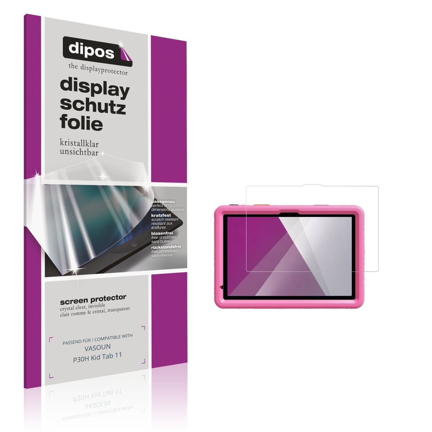 Klare Displayschutzfolie von dipos passend für VASOUN P30H Kid Tab 11, präziser Zuschnitt und blasenfrei montiert