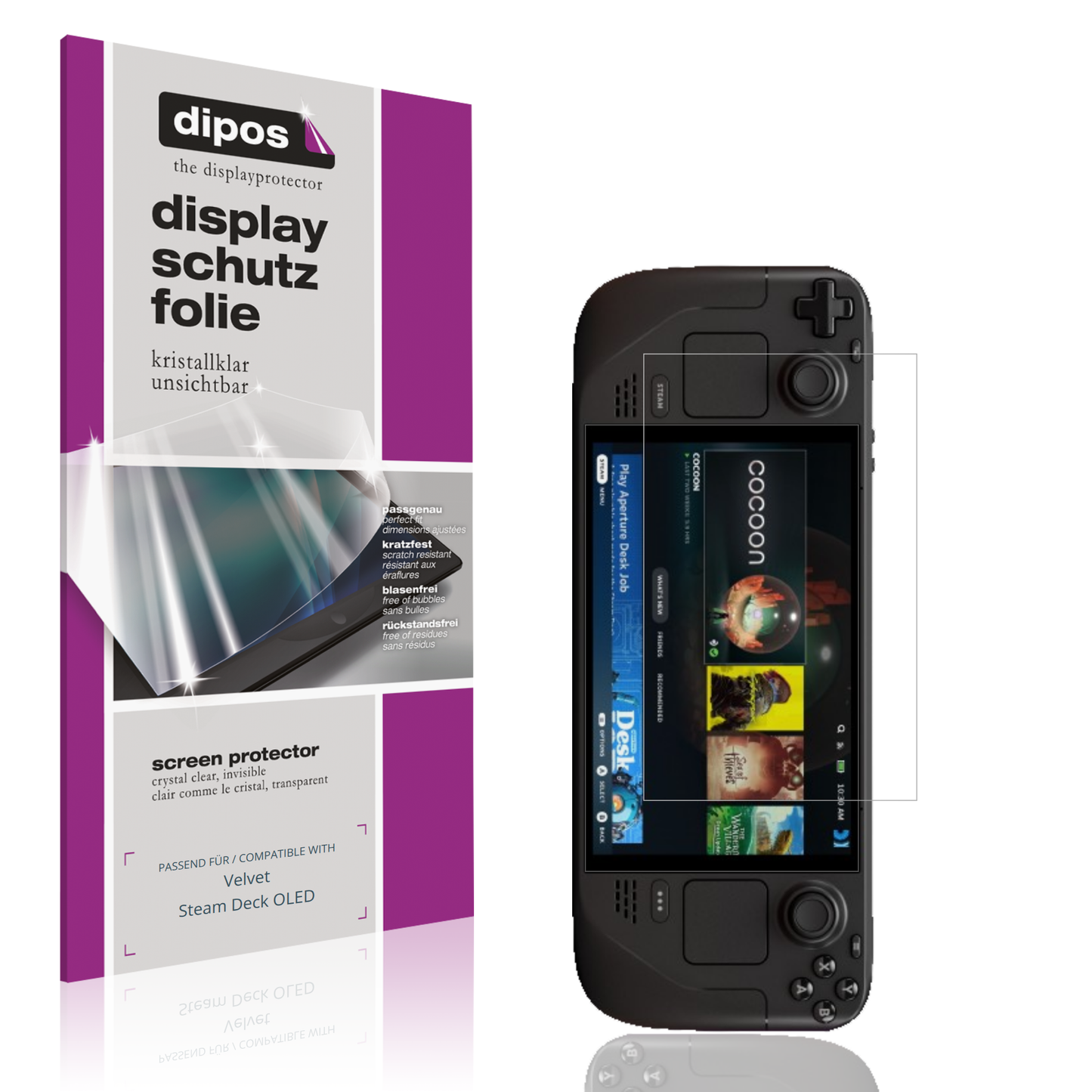 Klare Displayschutzfolie von dipos passend für Velvet Steam Deck OLED, präziser Zuschnitt und blasenfrei montiert
