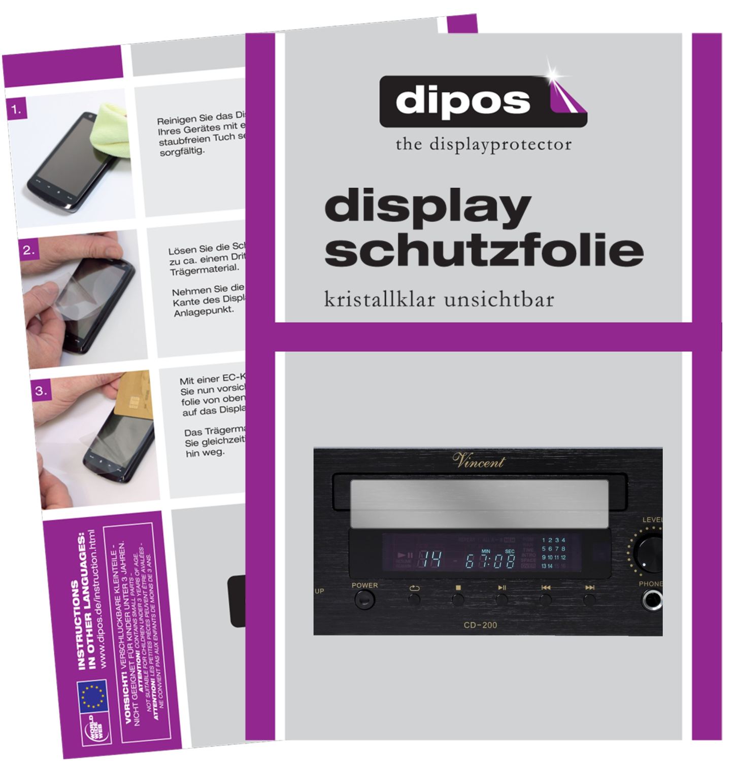 Klare Displayschutzfolie von dipos passend für Vincent CD-200, präziser Zuschnitt und blasenfrei montiert