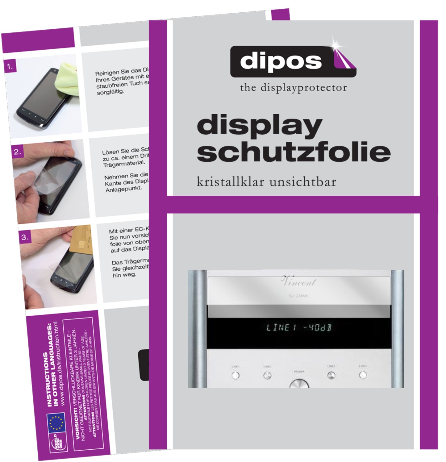 Klare Displayschutzfolie von dipos passend für Vincent SV-238 MK, präziser Zuschnitt und blasenfrei montiert