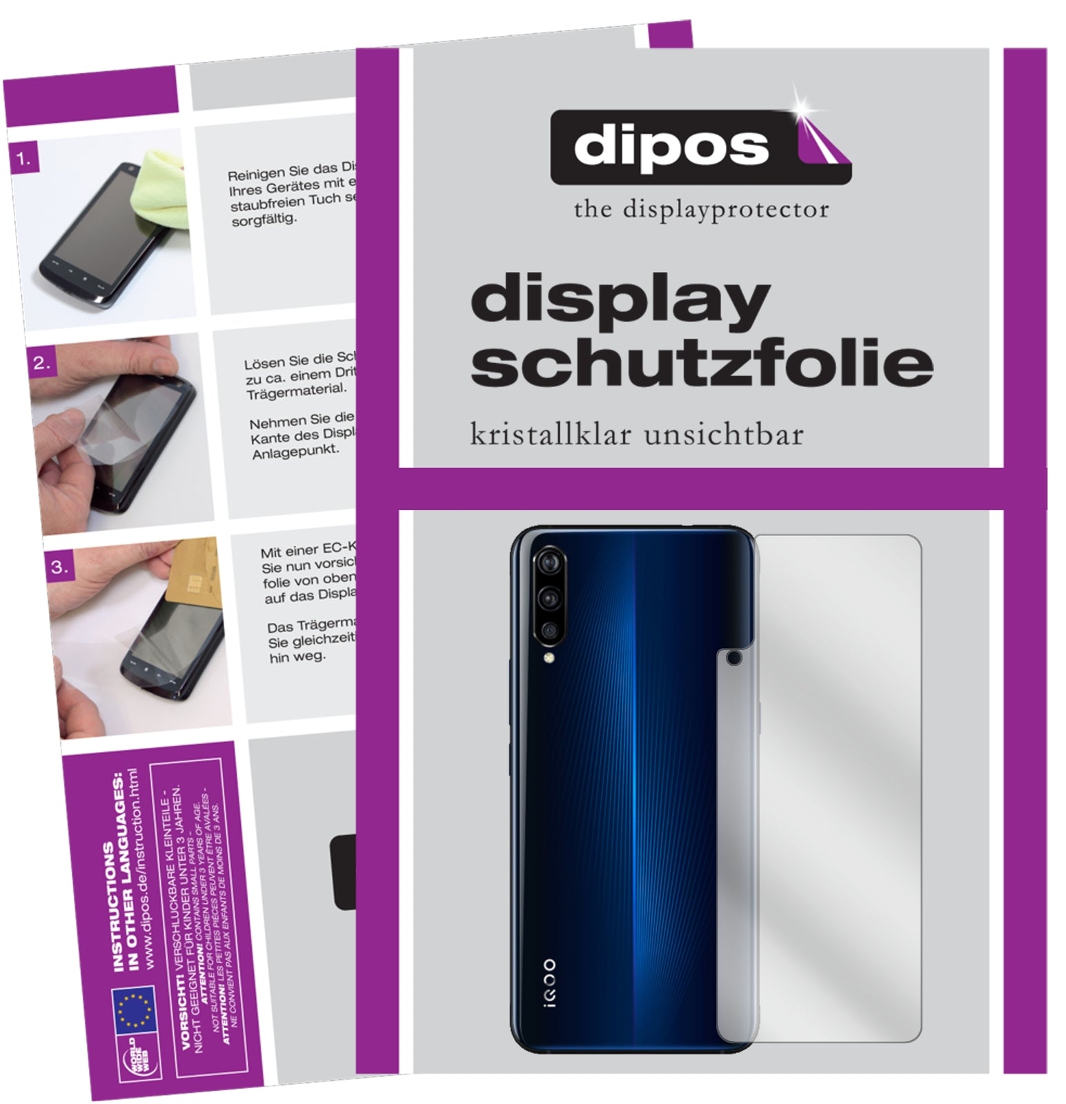 Klare Displayschutzfolie von dipos passend für Vivo IQOO Rückseite, präziser Zuschnitt und blasenfrei montiert