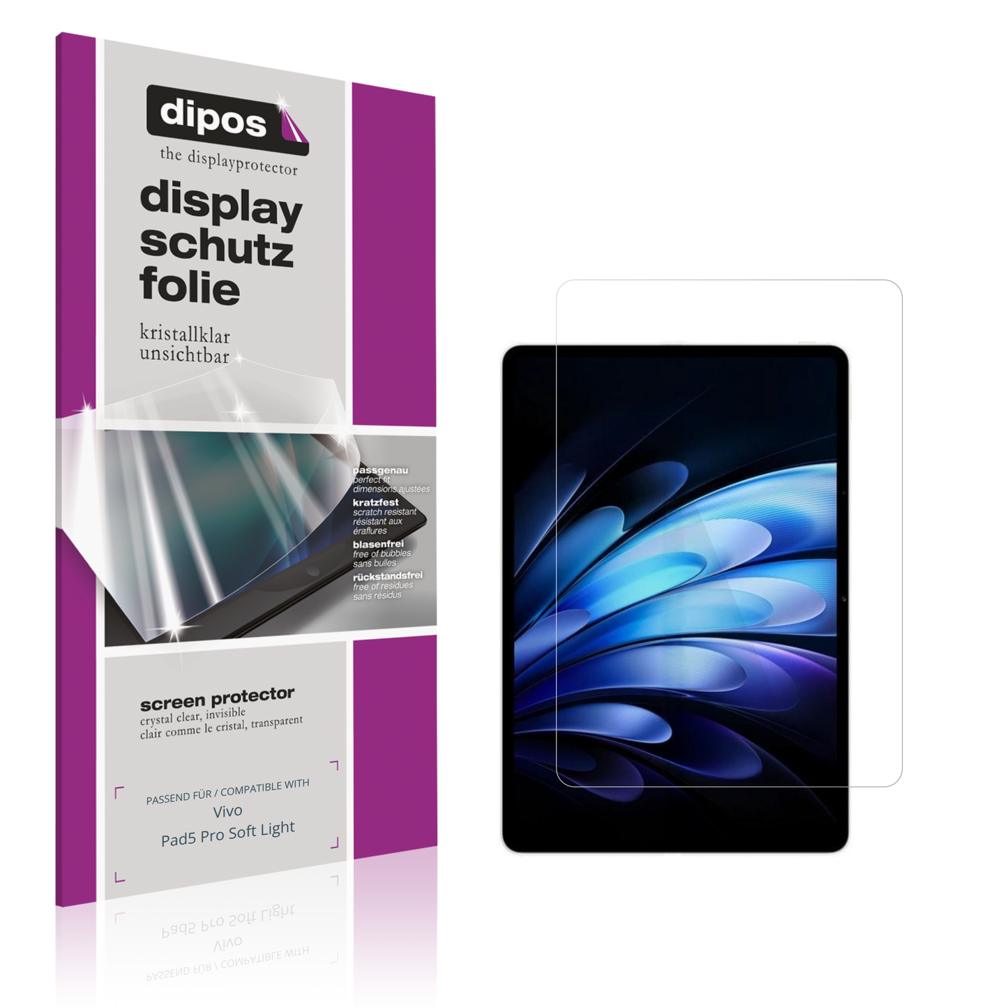 Klare Displayschutzfolie von dipos passend für Vivo Pad5 Pro Soft Light, präziser Zuschnitt und blasenfrei montiert