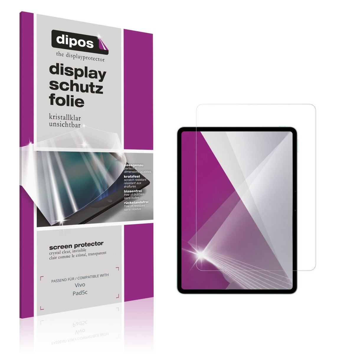 Klare Displayschutzfolie von dipos passend für Vivo Pad5c, präziser Zuschnitt und blasenfrei montiert