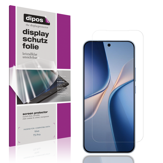 Klare Displayschutzfolie von dipos passend für Vivo T5 Pro, präziser Zuschnitt und blasenfrei montiert