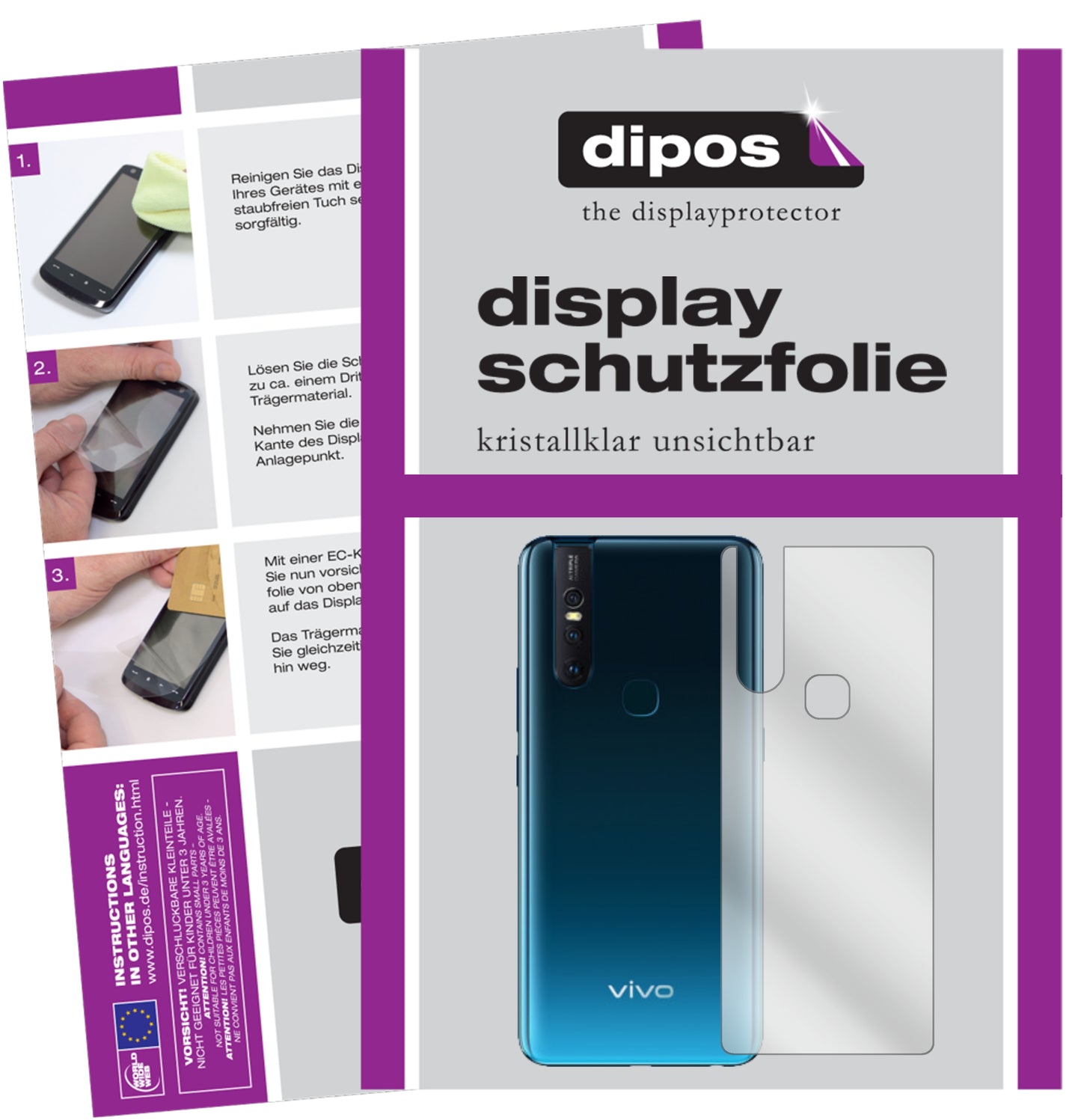 Klare Displayschutzfolie von dipos passend für Vivo V15 Rückseite, präziser Zuschnitt und blasenfrei montiert