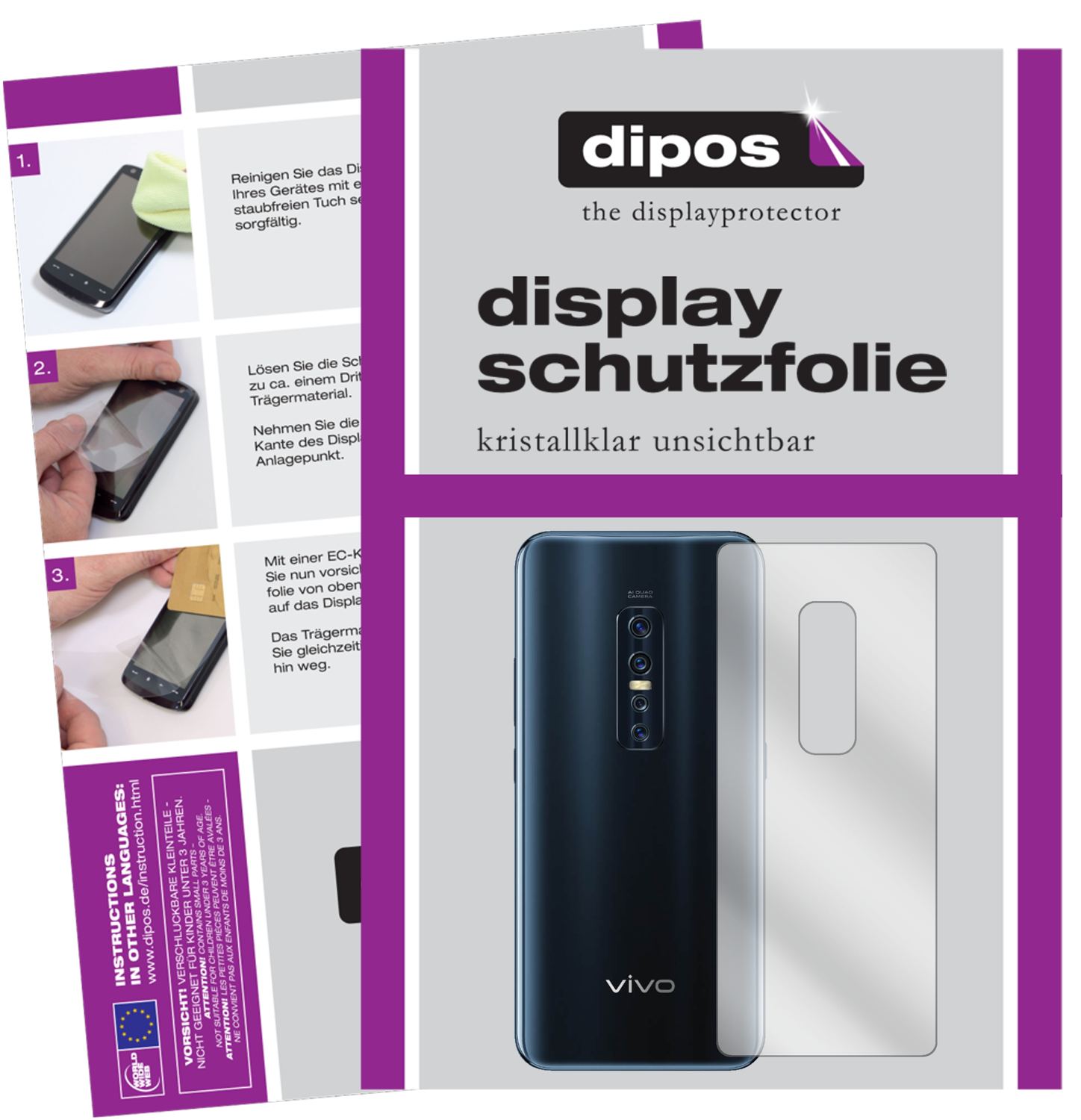 Klare Displayschutzfolie von dipos passend für Vivo V17 Pro Rückseite, präziser Zuschnitt und blasenfrei montiert