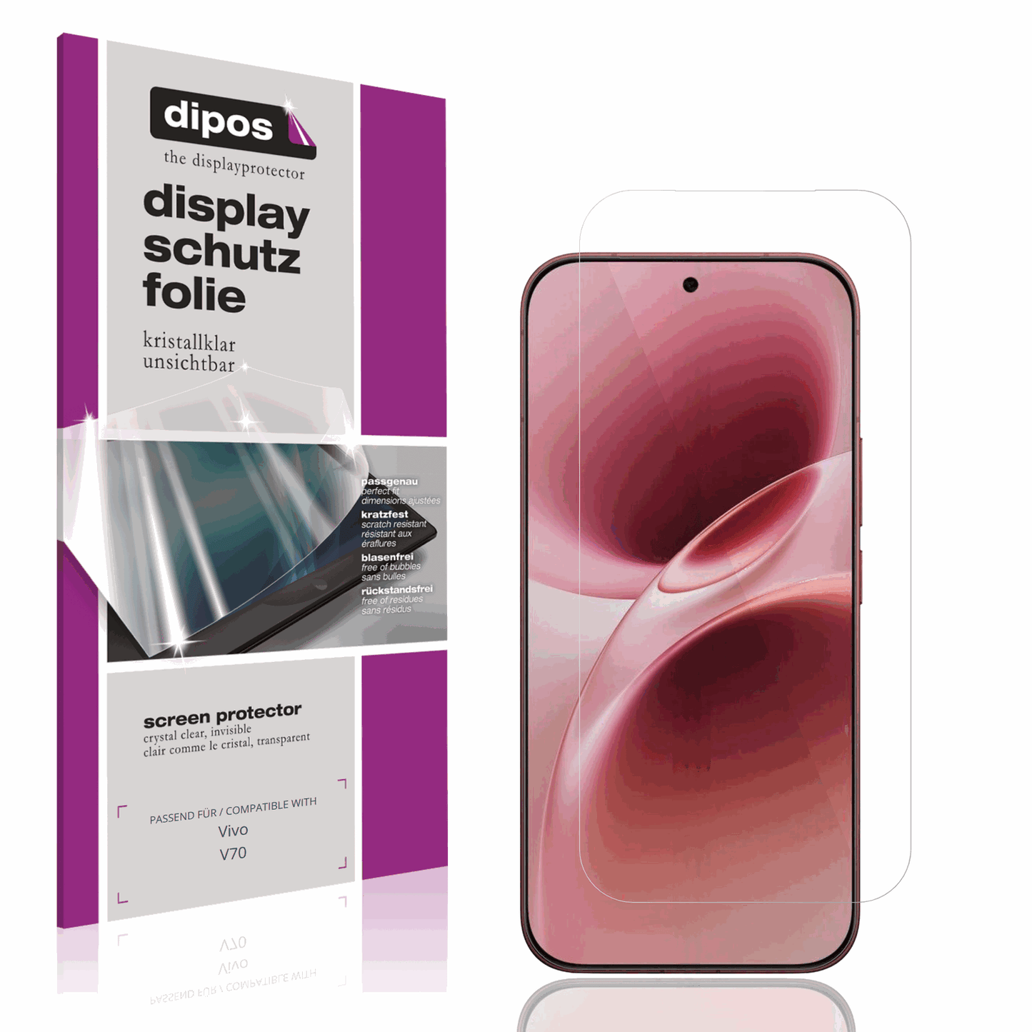 Klare Displayschutzfolie von dipos passend für Vivo V70, präziser Zuschnitt und blasenfrei montiert