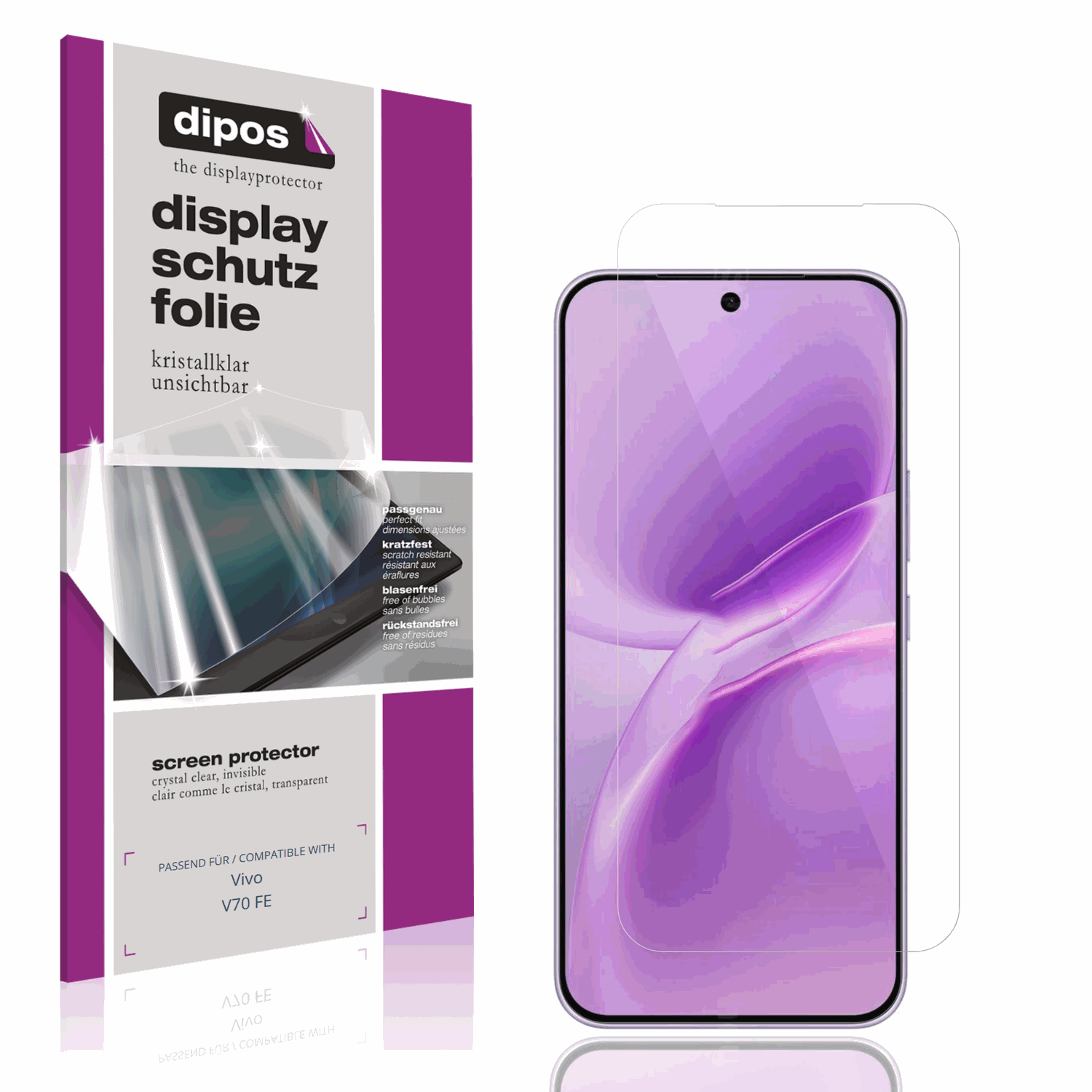 Klare Displayschutzfolie von dipos passend für Vivo V70 FE, präziser Zuschnitt und blasenfrei montiert