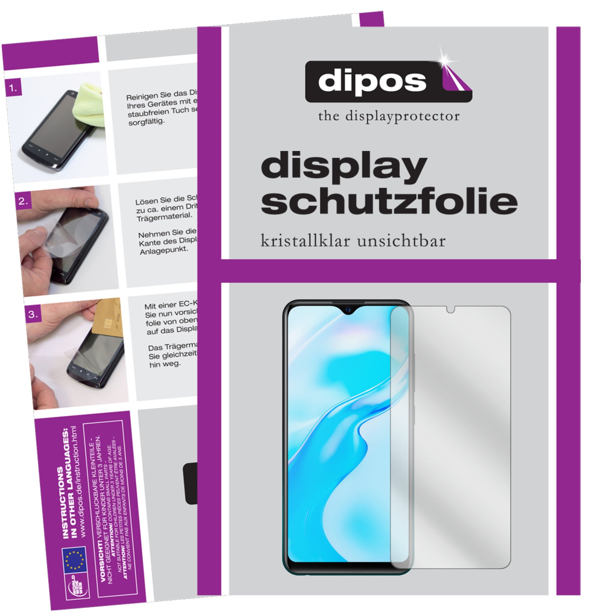 Klare Displayschutzfolie von dipos passend für Vivo Y3s, präziser Zuschnitt und blasenfrei montiert