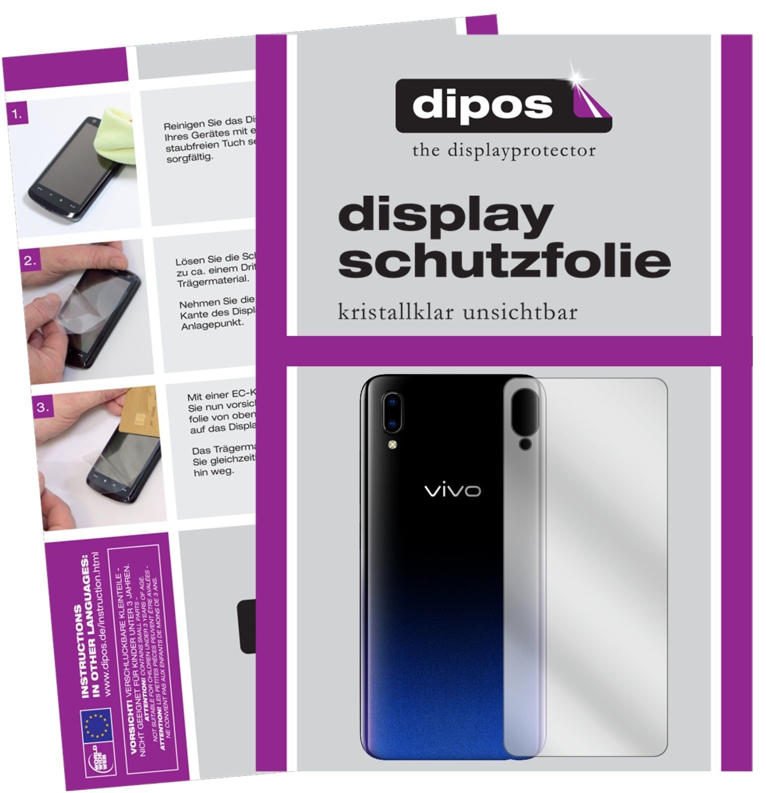 Klare Displayschutzfolie von dipos passend für Vivo Y95 Rückseite, präziser Zuschnitt und blasenfrei montiert
