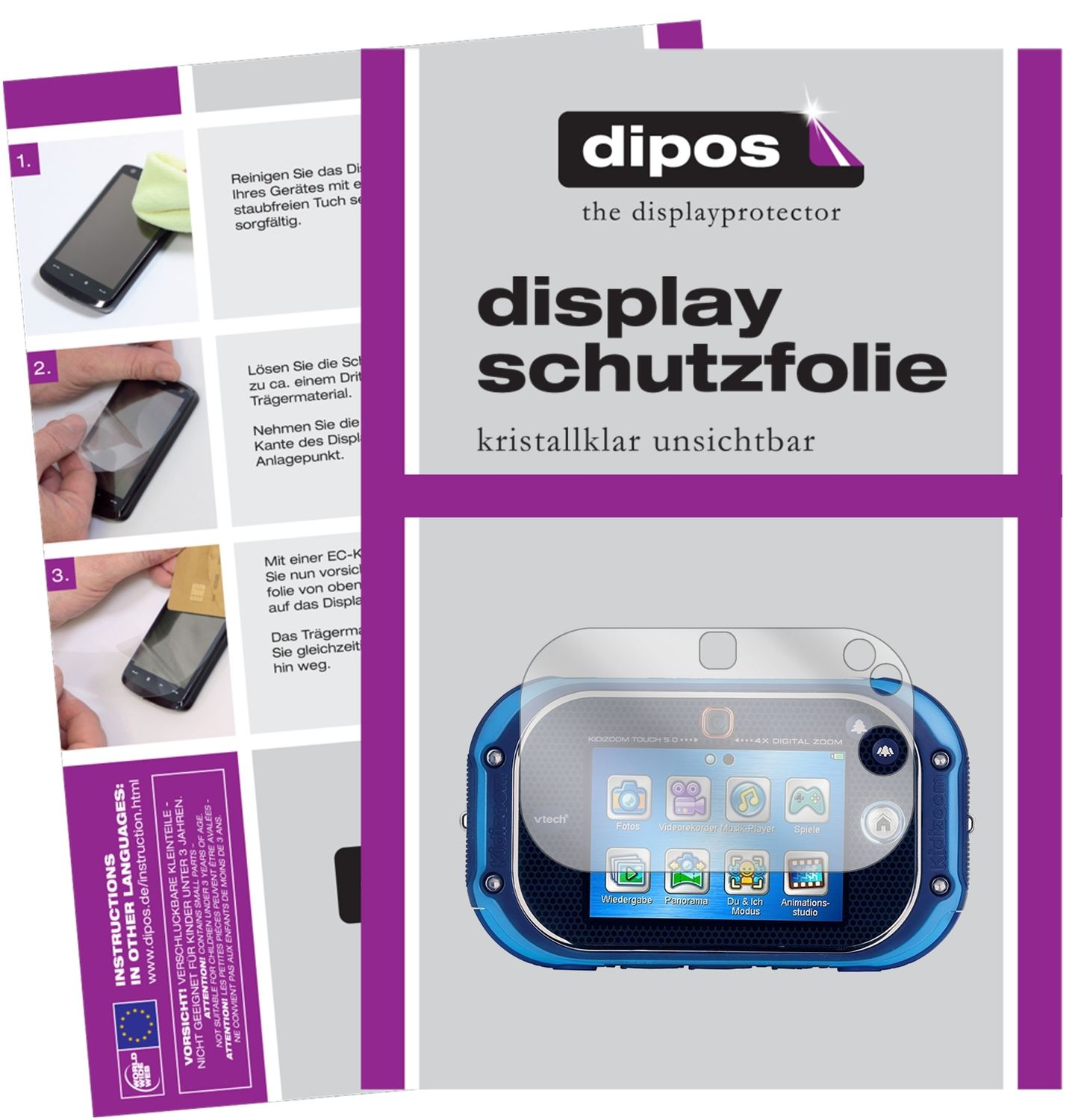 Klare Displayschutzfolie von dipos passend für Vtech Kidizoom Touch 5.0, präziser Zuschnitt und blasenfrei montiert