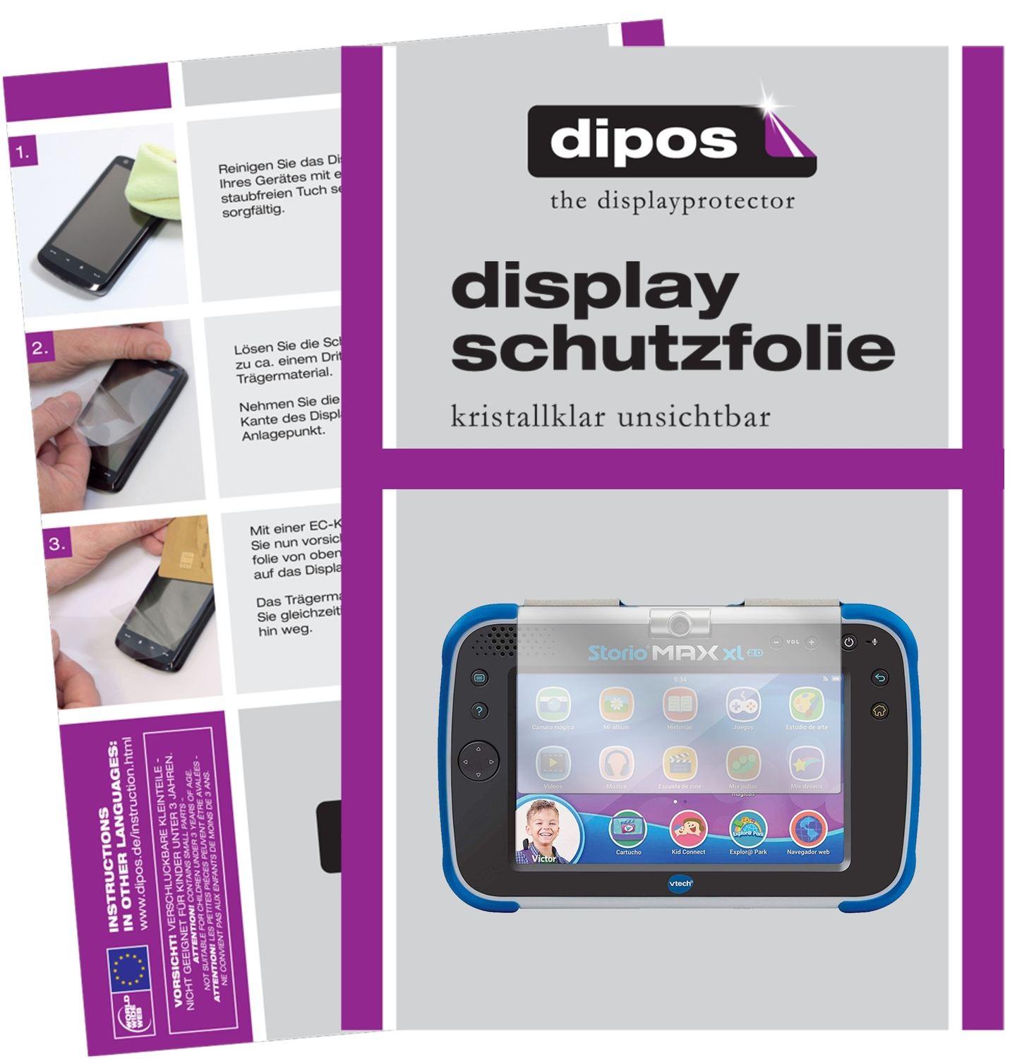 Klare Displayschutzfolie von dipos passend für Vtech Storio Max XL 2.0, präziser Zuschnitt und blasenfrei montiert