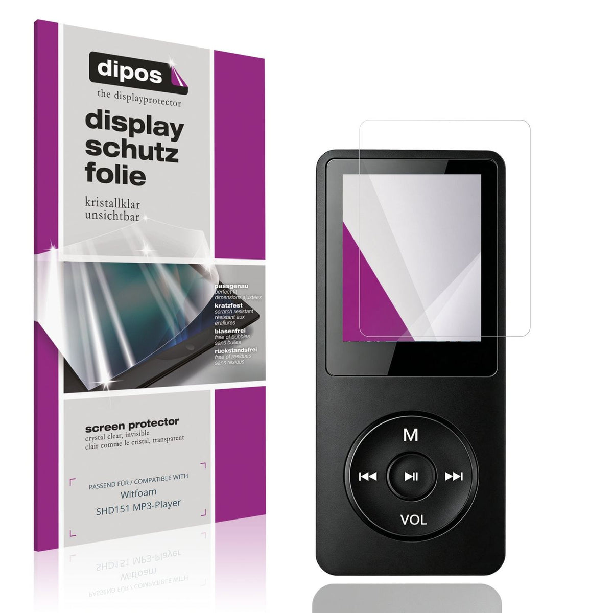 Klare Displayschutzfolie von dipos passend für Witfoam SHD151 MP3-Player, präziser Zuschnitt und blasenfrei montiert