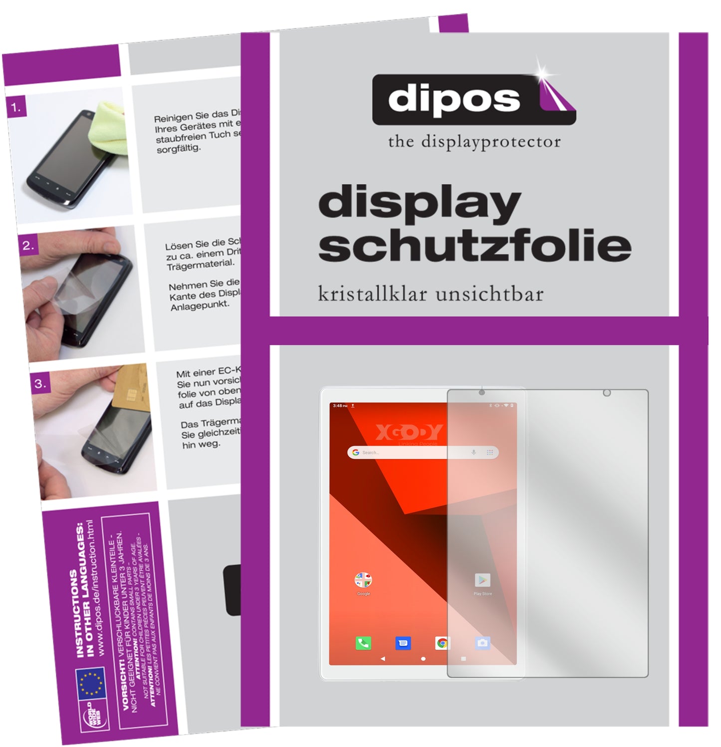 Klare Displayschutzfolie von dipos passend für XGODY Y101 10.1 Zoll, präziser Zuschnitt und blasenfrei montiert