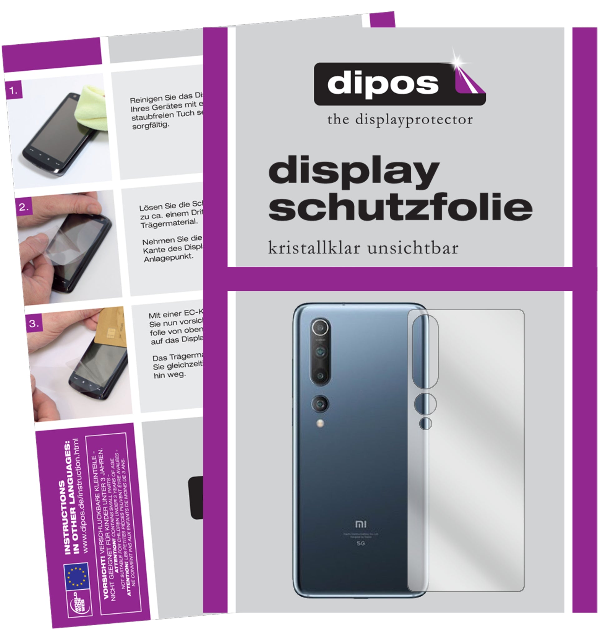 Klare Displayschutzfolie von dipos passend für Xiaomi Mi 10 Pro Rückseite, präziser Zuschnitt und blasenfrei montiert