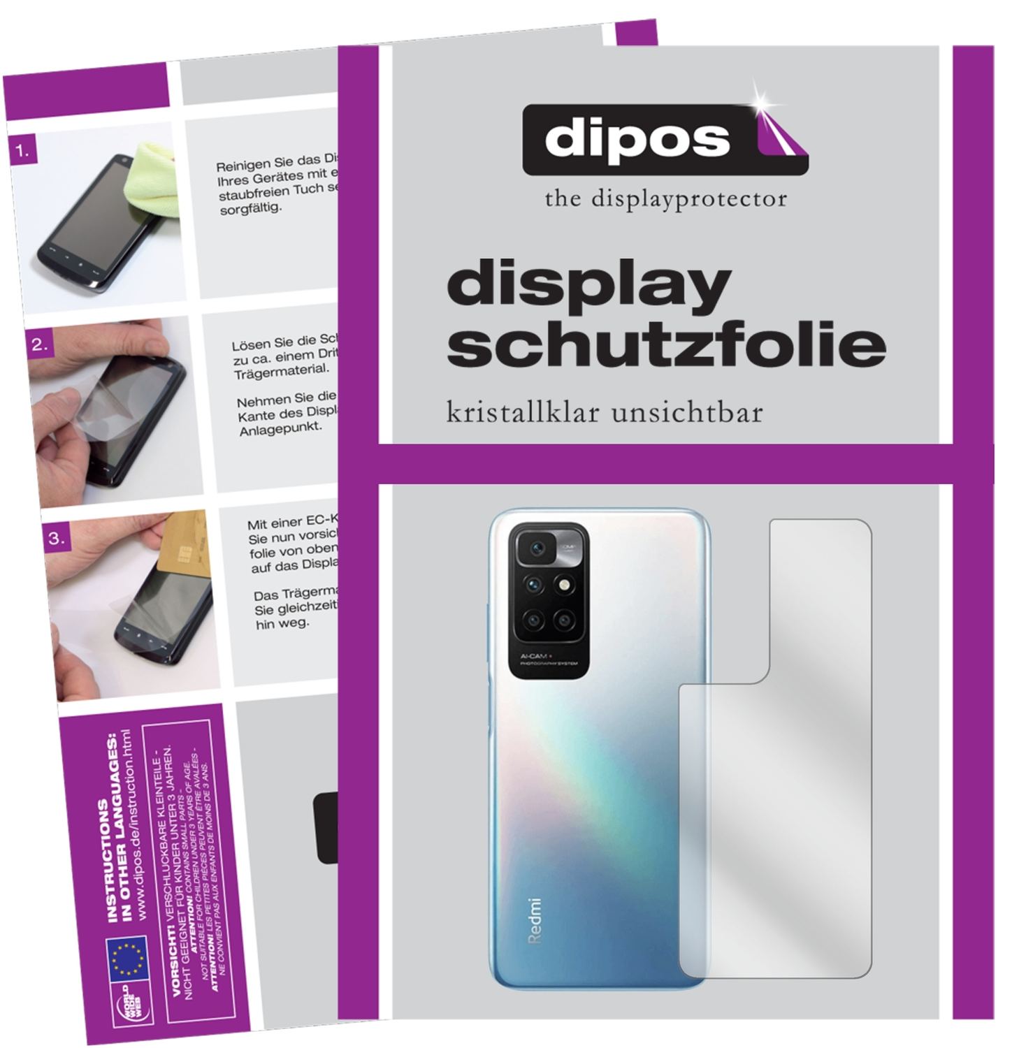 Klare Displayschutzfolie von dipos passend für Xiaomi Redmi 10 Rückseite, präziser Zuschnitt und blasenfrei montiert