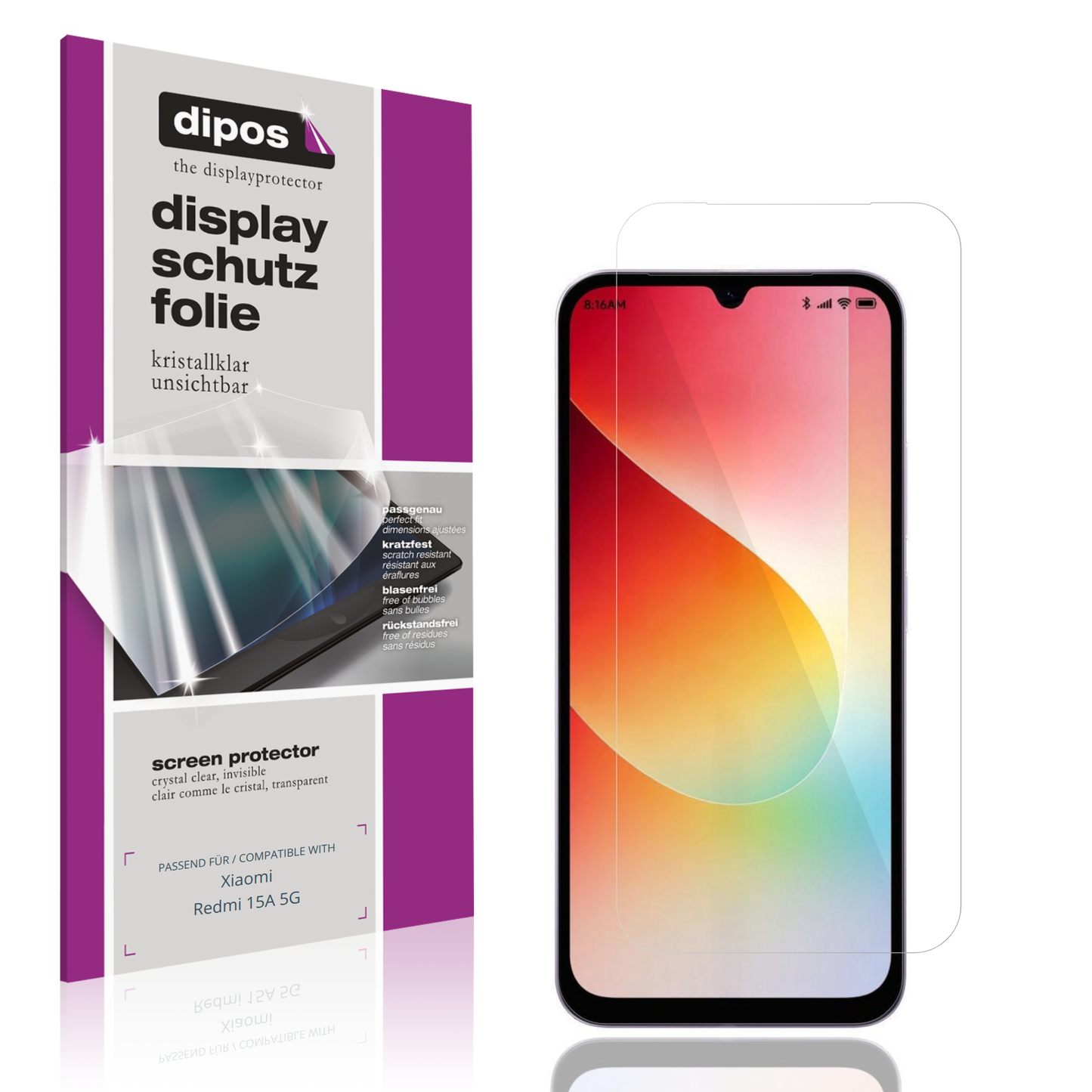 Klare Displayschutzfolie von dipos passend für Xiaomi Redmi 15A 5G, präziser Zuschnitt und blasenfrei montiert