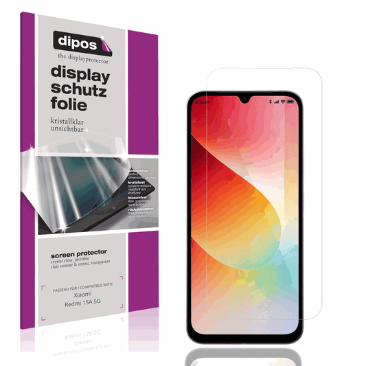 Klare Displayschutzfolie von dipos passend für Xiaomi Redmi 15A 5G, präziser Zuschnitt und blasenfrei montiert