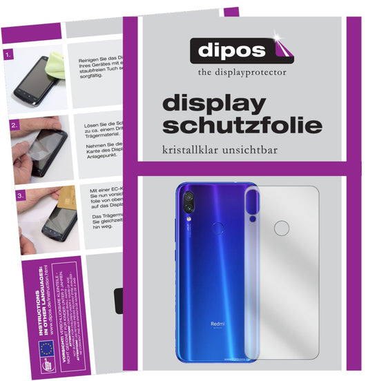 Klare Displayschutzfolie von dipos passend für Xiaomi Redmi Note 7 Pro Rückseite, präziser Zuschnitt und blasenfrei montiert