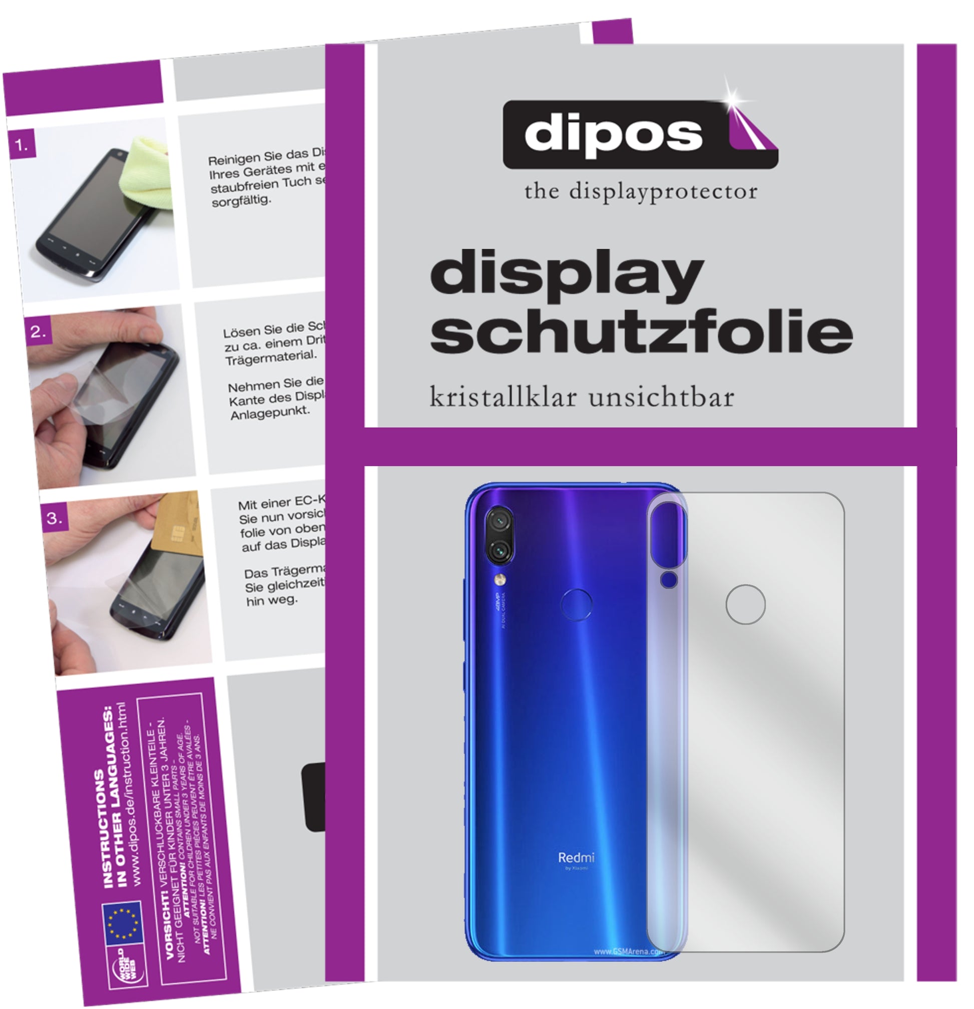 Klare Displayschutzfolie von dipos passend für Xiaomi Redmi Note 7S Rückseite, präziser Zuschnitt und blasenfrei montiert