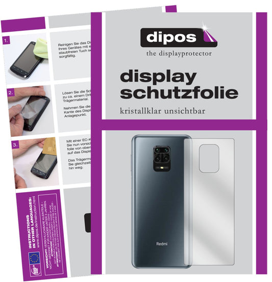 Klare Displayschutzfolie von dipos passend für Xiaomi Redmi Note 9 Pro Rückseite, präziser Zuschnitt und blasenfrei montiert