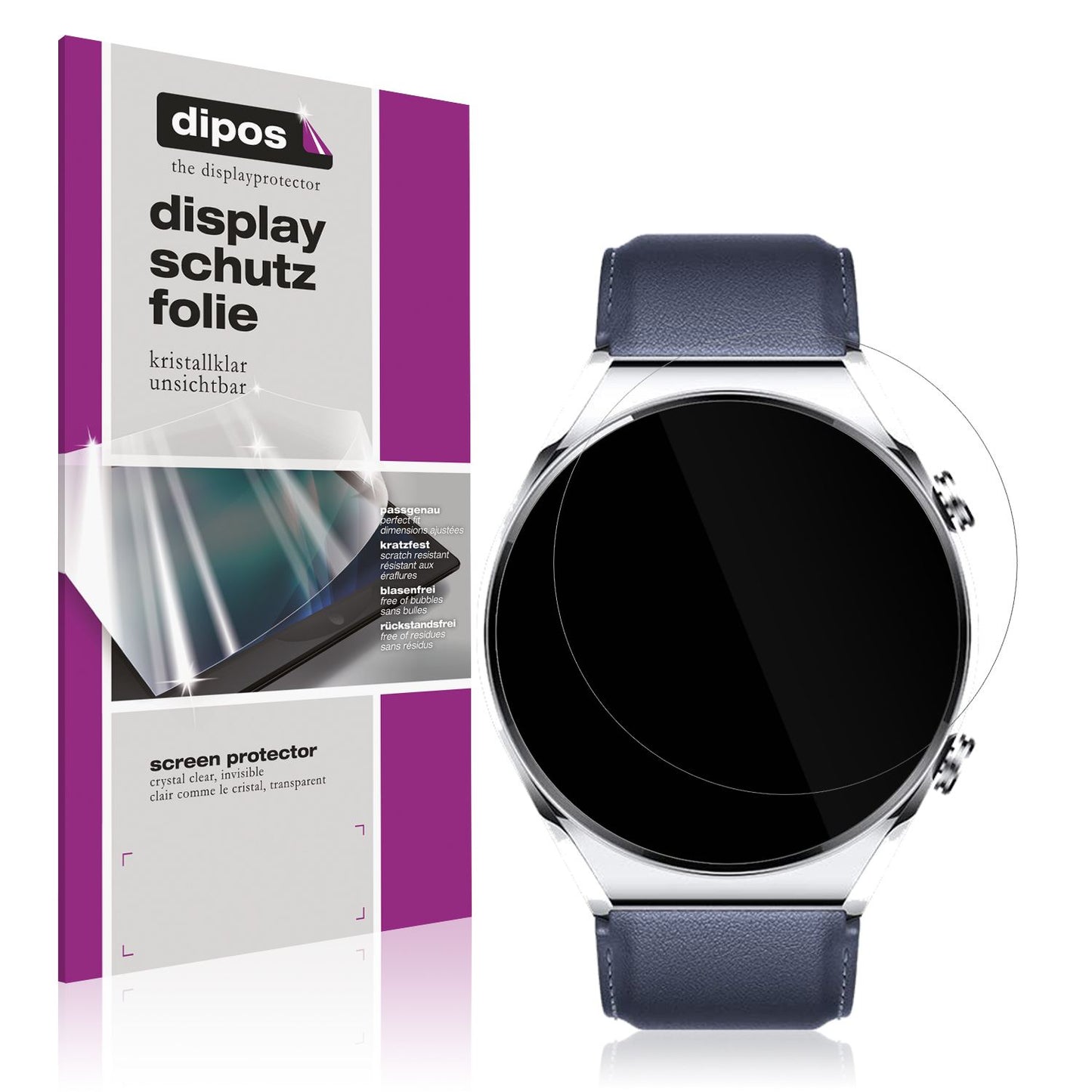 Klare Displayschutzfolie von dipos passend für Xiaomi Watch S1, präziser Zuschnitt und blasenfrei montiert